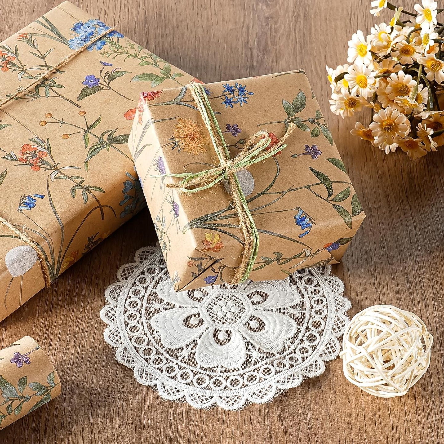 WRAPAHOLIC Kraft Floral Wrapping Paper Roll - Mini Roll - 17 Inch x 9.8 Feet - Wildflower Wrapping Paper Perfect for Girls Women Birthday, Wedding, Bridal Shower