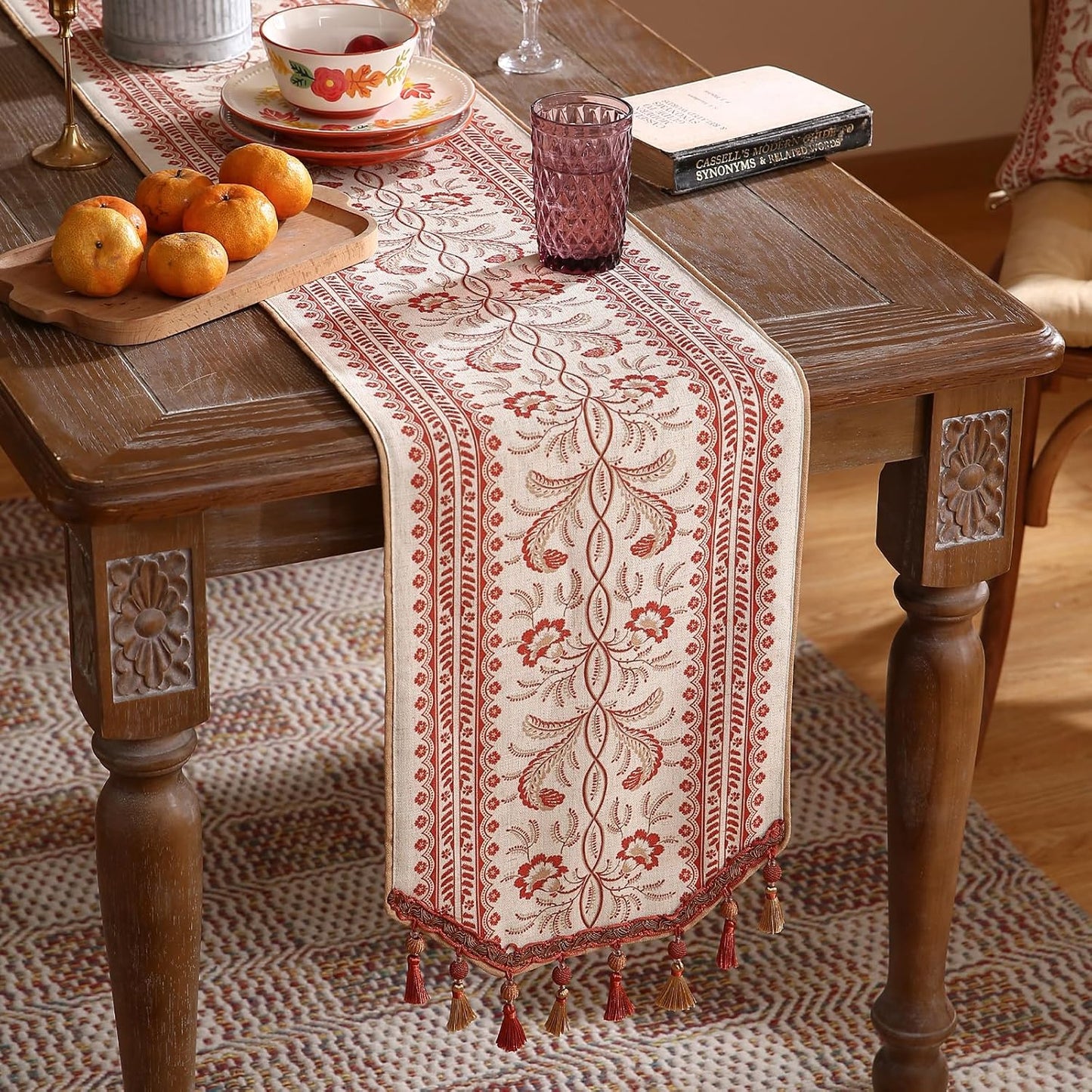 ISAENNE Designer Vintage Linen Extra Long Table Runner 118 Inches,Red Floral Pattern Modern Decor Table Runners for Dining Tables,Thanksgiving,Kitchen Tables,Christmas,Banquet,12"*118"-Chamonix A