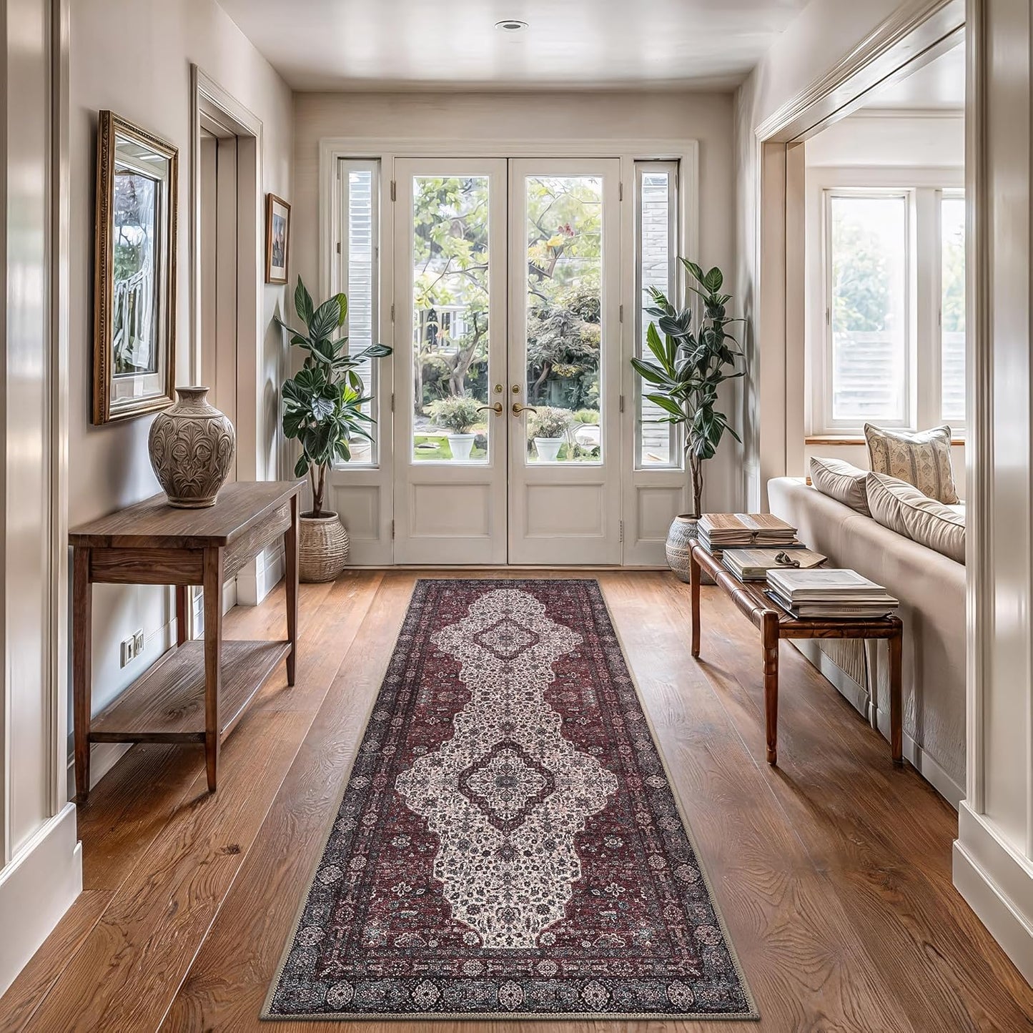 Bloom Rugs Washable Non-Slip 10 ft Runner - Red/Green/Cream Traditional Medallion Runner for Entryway, Hallway, Bathroom, and Kitchen - Exact Size: 2.5' x 10'