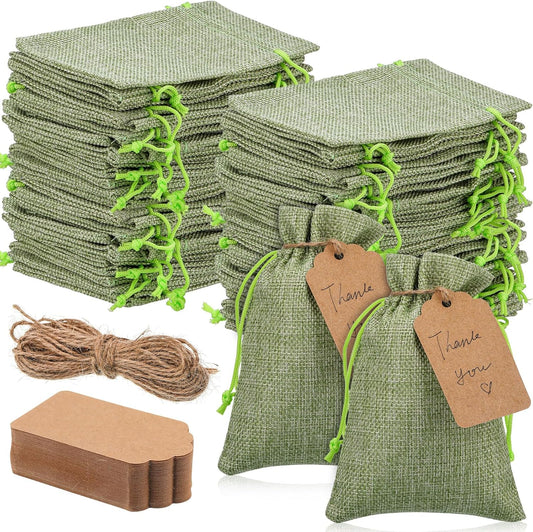 Woanger 100 Pcs Burlap Gift Bags with 100 Pcs Kraft Paper Gift Tags with Drawstring Favor Bulk Burlap Sack Bags for DIY Wedding Party Craft(4 x 6 Inch,Sage Green)