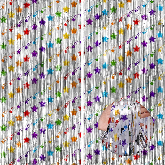 KatchOn, Star Silver Foil Fringe Curtains – Pack of 2 | Silver Fringe Backdrop for Birthday, Labor Day Decorations, Patriotic Decorations | Star Streamers for Unicorn, Rainbow, Space Party Decoration