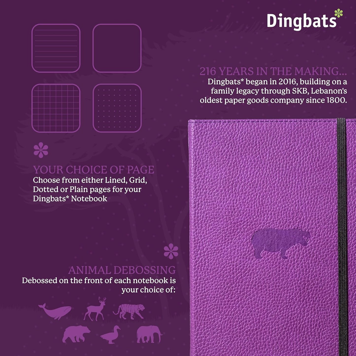 Dingbats* Wildlife Lined Writing Journal Notebook A5 - Vegan Leather Hardcover - Ideal for Work, Travel - Pocket, Elastic Closure, & Bookmark