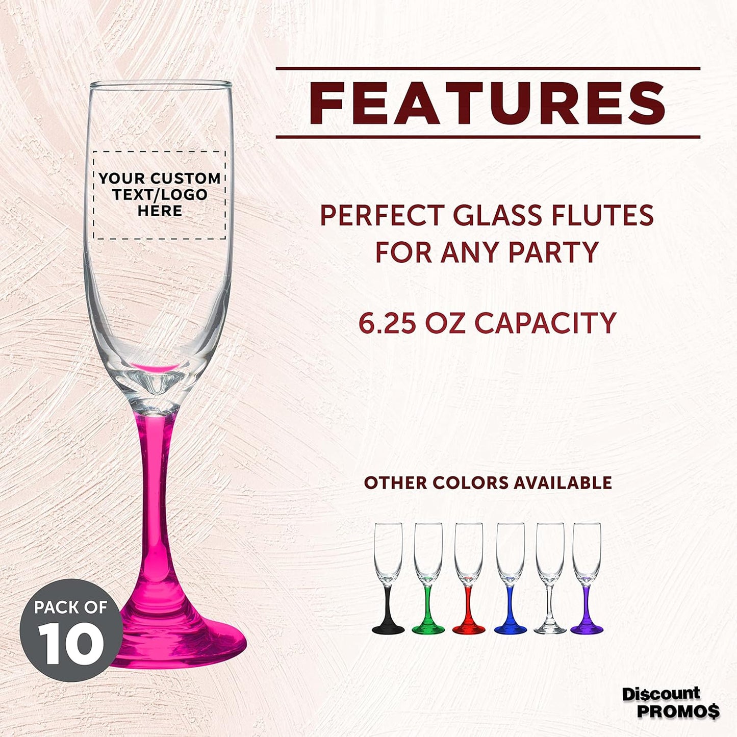 DISCOUNT PROMOS Custom Premiere Champagne Flutes 6.25 oz. Set of 10, Personalized Bulk Pack - Elegant Drinkware for Weddings, Events, & Promotional Gifts - Pink