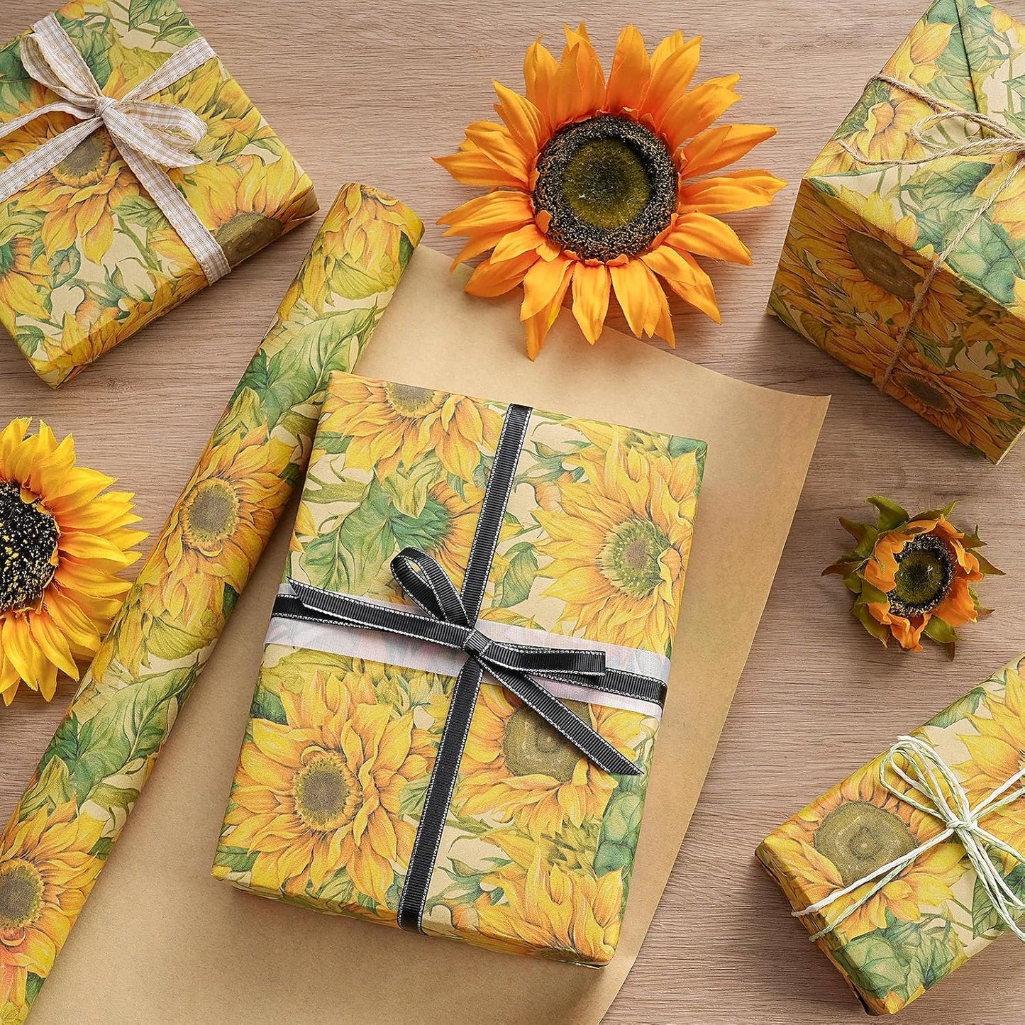 RUSPEPA Sunflower Wrapping Paper Roll for Women Girls, Mini Roll, Watercolor Sunflower Design, Fall Floral Kraft Gift Wrp Paper for Birthday, Thanksgiving, Autumn Gifts, 17 Inches x 16.4 Feet