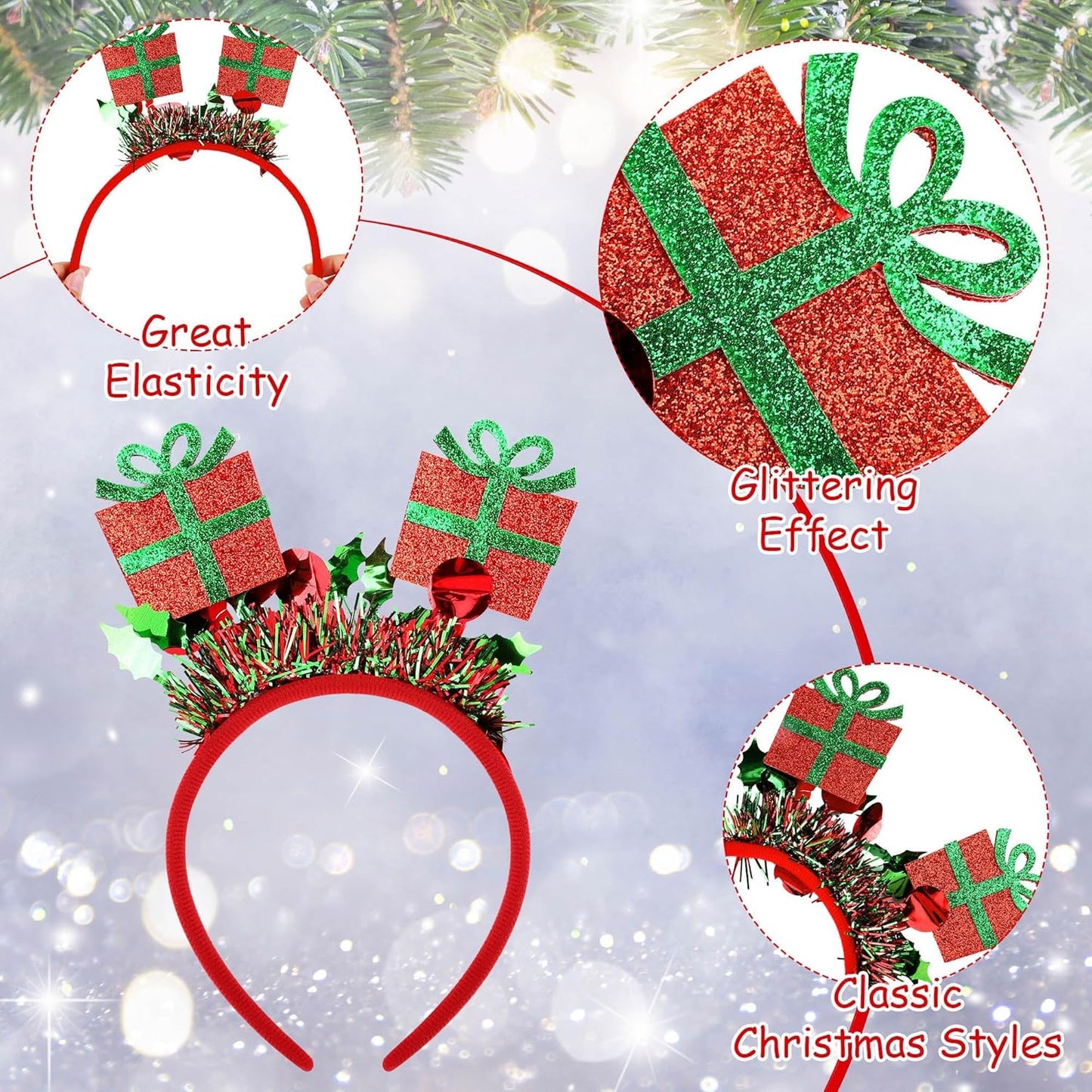 Aodaer 8 Pack Christmas Headbands Glitter Xmas Headband Costume Headwear Assorted Styles Snowman Santa Christmas Tree Gift Headband for Christmas Party Favors