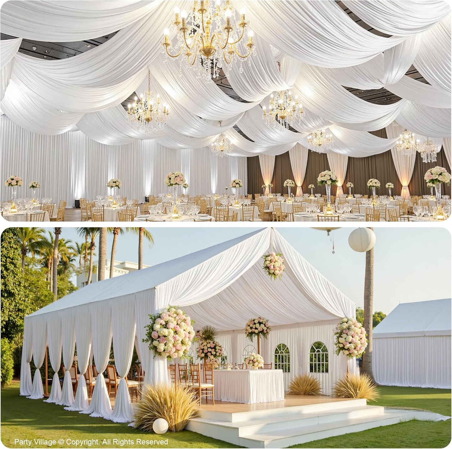 PartyVillage 6 Panels 5ftx30ft White Ceiling Drapes for Wedding Parties – 30 FT Extra Long Thick Polyester Wrinkle-Free Drapery Tent Decor Decorations for Birthday Party Ceremony Stage Swag
