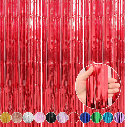 Crosize 3 Pack 3.3 x 9.9 ft Red Foil Fringe Curtains Party Decorations, Red Tinsel Curtain Backdrop for Parties, Door Streamers, Glitter Streamer Backdrop for Birthday Decoration, Preppy, Baby Shower