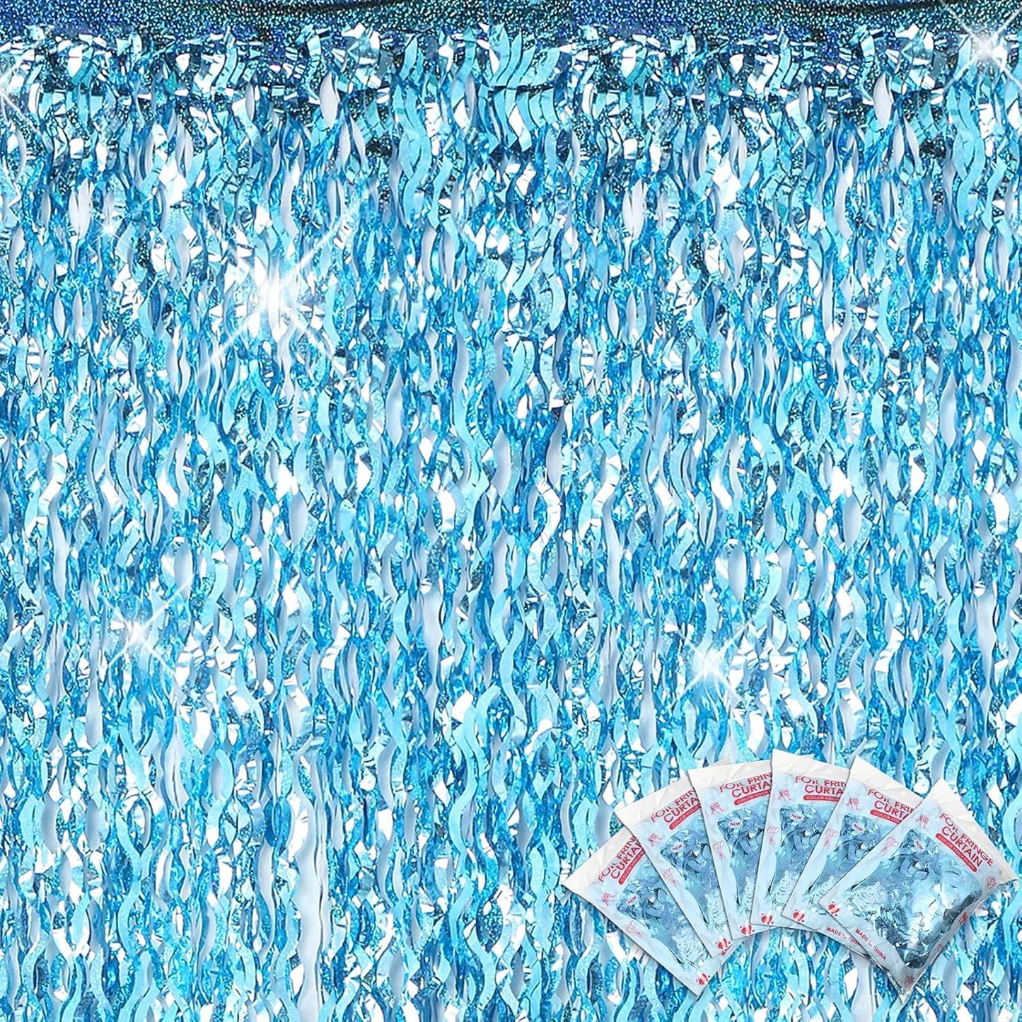 Jutom 6 Pieces 3.3 x 6.6 ft Wavy Tinsel Foil Fringe Curtains Foil Fringe Streamer Backdrop Party Curtain for Sea Mermaid Baby Shower Birthday Party Decoration(Light Blue)