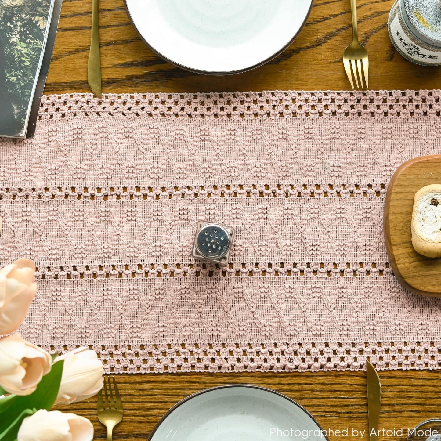 Artoid Mode Pink Farmhouse Woven Rustic Hollow Table Runner, Seasonal Holiday Hollow Kitchen Dining Table Decoration for Home Party Decor 12x72 Inch