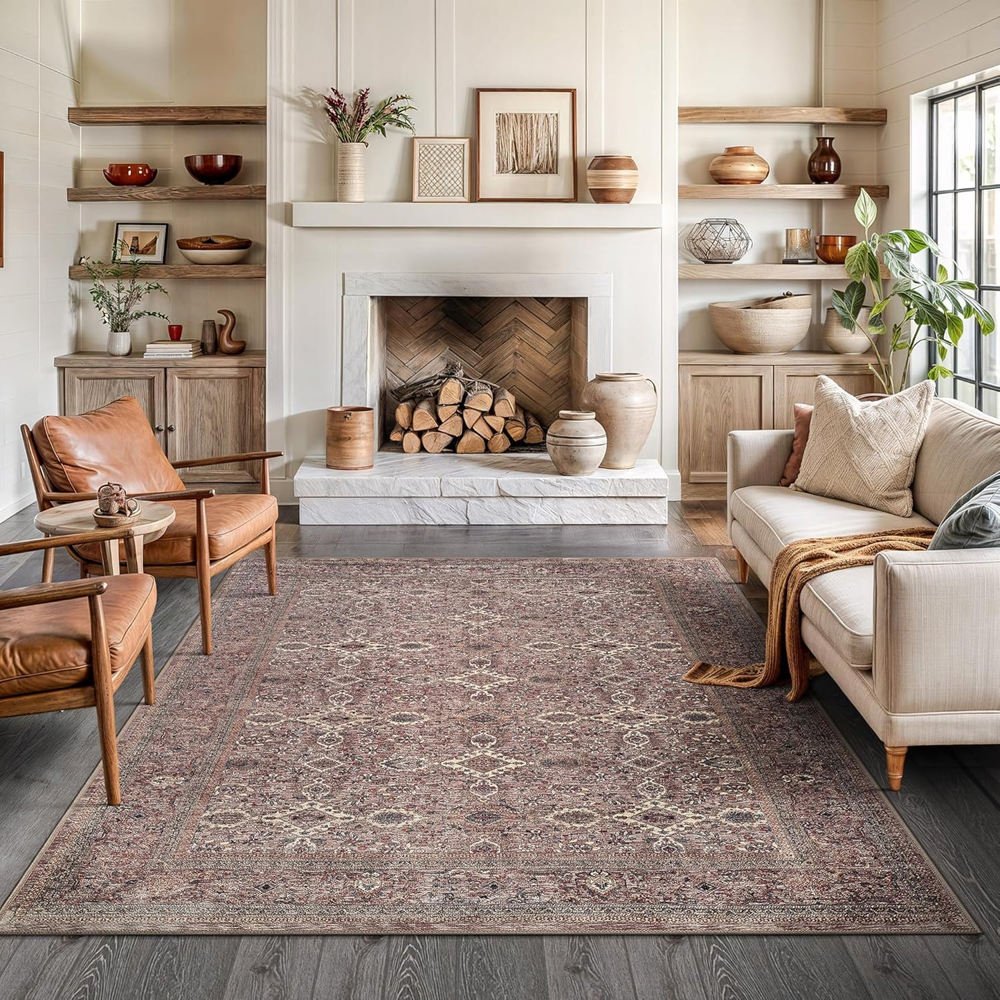 Bloom Rugs Washable Non-Slip 6' x 9' Rug - Beige Traditional Bordered Area Rug for Living Room, Bedroom, Dining Room, and Kitchen - Exact Size: 6' x 9'