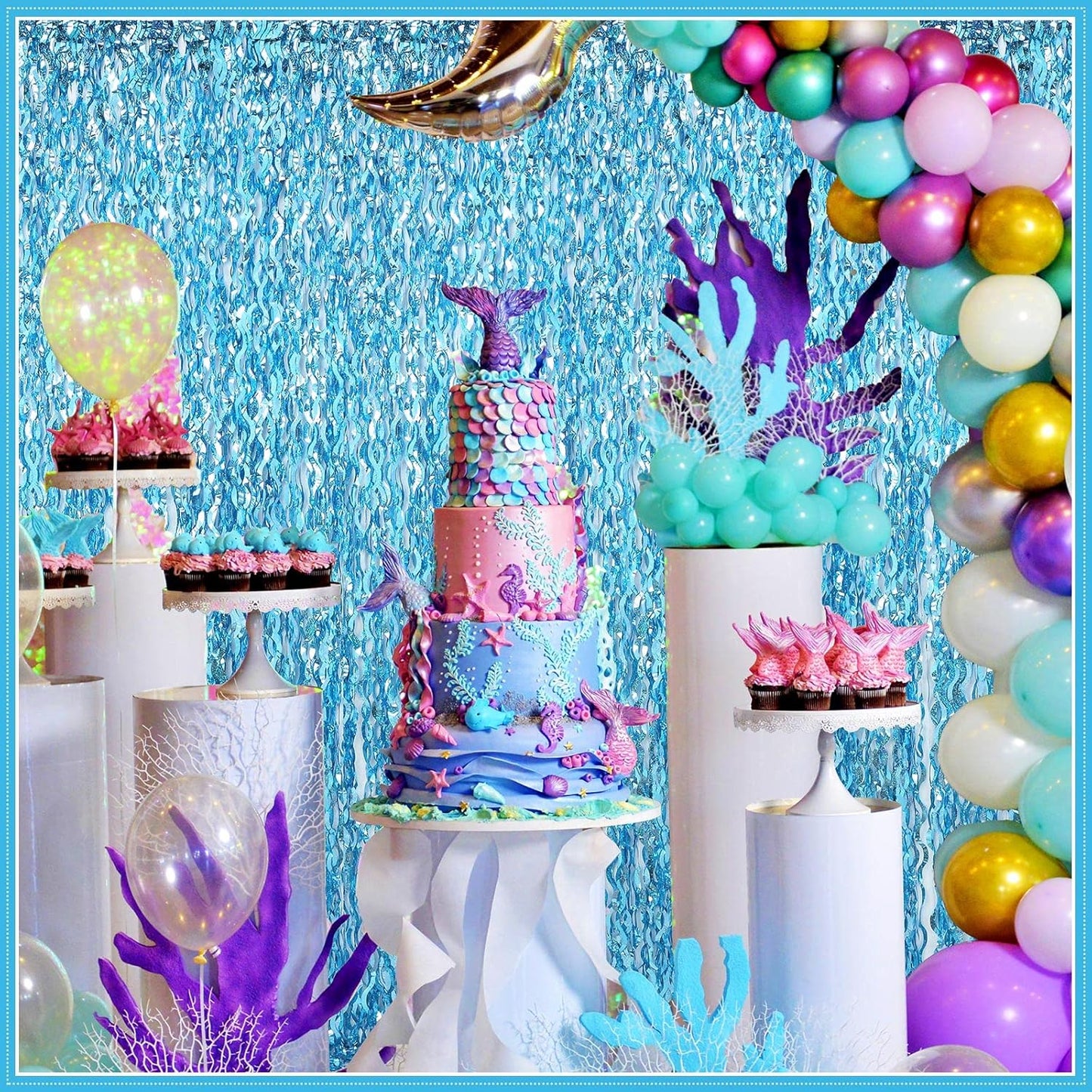 Jutom 6 Pieces 3.3 x 6.6 ft Wavy Tinsel Foil Fringe Curtains Foil Fringe Streamer Backdrop Party Curtain for Sea Mermaid Baby Shower Birthday Party Decoration(Light Blue)
