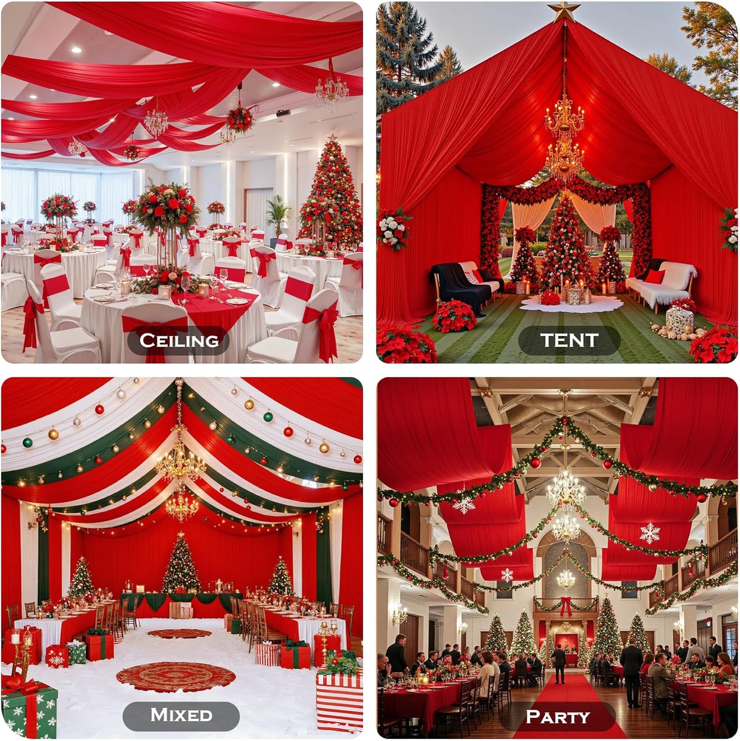 PartyVillage 10 Panels 5ftx30ft Red Ceiling Drapes for Wedding Parties – 30 FT Extra Long Thick Polyester Wrinkle-Free Drapery Tent Decor Decorations for Birthday Party Ceremony Stage Swag