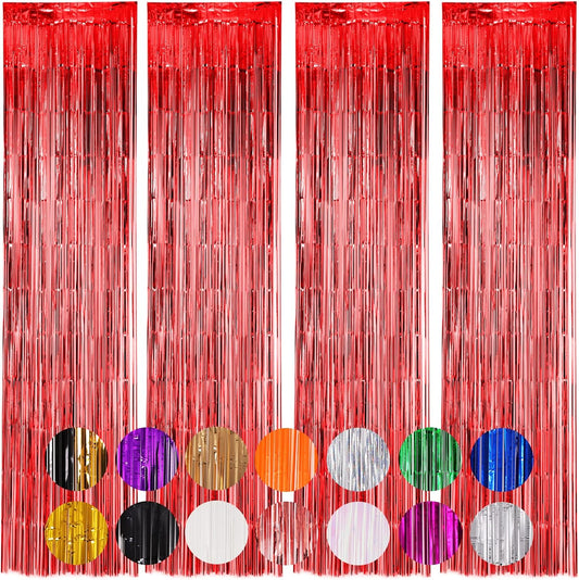 4 Pack Red Foil Fringe Backdrop Curtains, Tinsel Streamers Birthday Party Decorations, Fringe Backdrop for Graduation, Baby Shower, Gender Reveal, Disco Party
