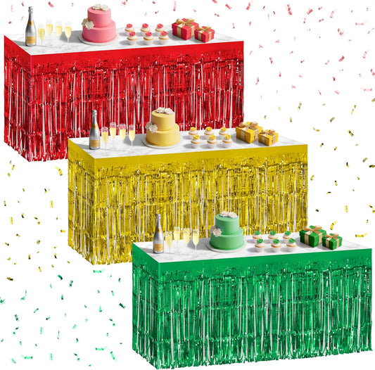 3 Pack Red Green Gold Table Skirts, 29x108" Metallic Foil Tinsel Fringe Table Skirt for Rectangle Tables Streamer Curtains Backdrop, Party Decorations for Birthdays, Weddings, Holidays