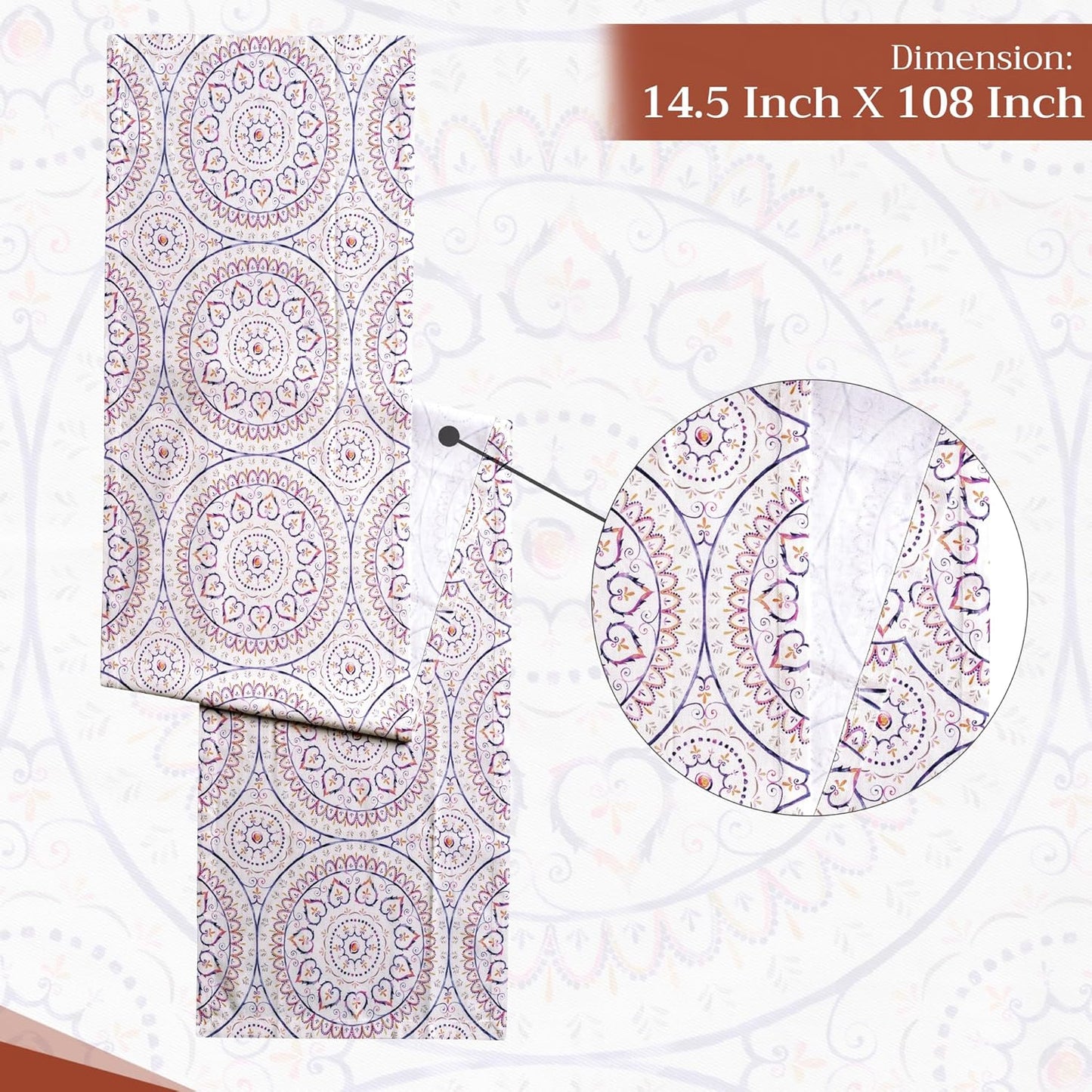 Maison d' Hermine Table Runner 100% Cotton Single Layer Table Runners 108 inches Long Decorative for Home Kitchen Dining Party Baby Shower Wedding Bridal Shower Spring Summer (Mandala, 14.50" x 108")