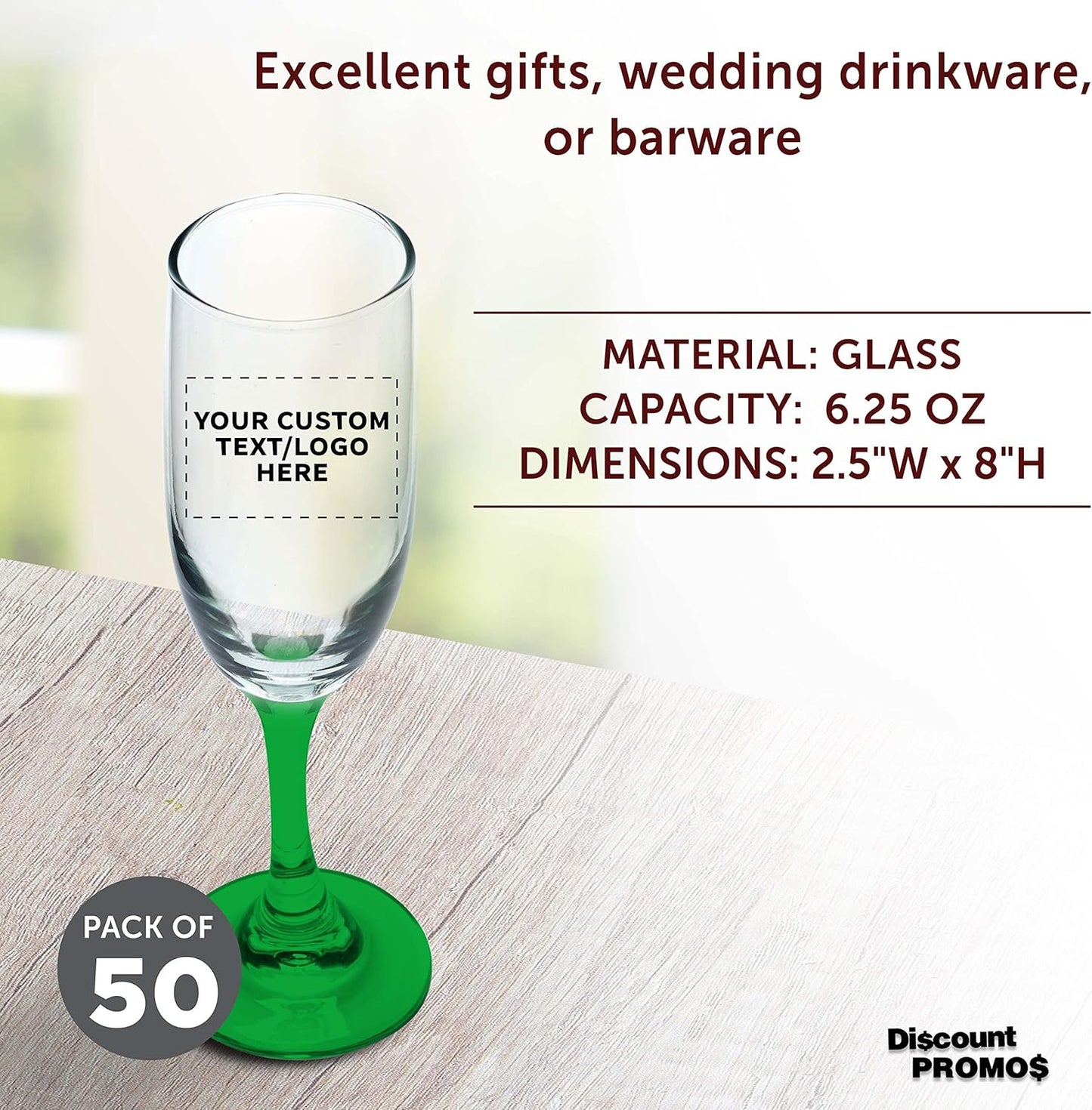 DISCOUNT PROMOS Custom Premiere Champagne Flutes 6.25 oz. Set of 50, Personalized Bulk Pack - Elegant Drinkware for Weddings, Events, & Promotional Gifts - Green