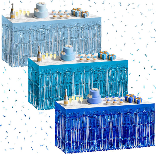 3 Pack Blue Series Table Skirts, 29x108" Metallic Foil Tinsel Fringe Table Skirt for Rectangle Tables Streamer Curtains Backdrop, Party Decorations for Birthdays, Weddings, Holidays