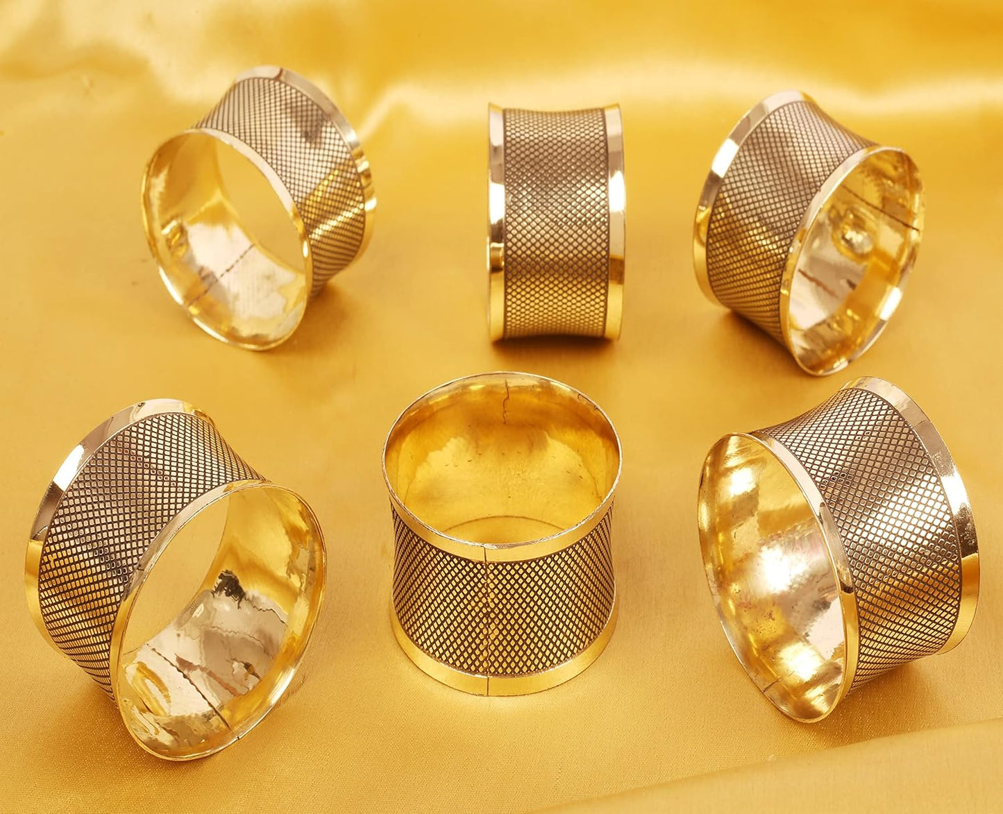 Brass Base Artistic Handcrafted Beautiful Round Shape Large Size Party Dining Table Napkin Holders in Antique Gold Tone. (Set of 6).