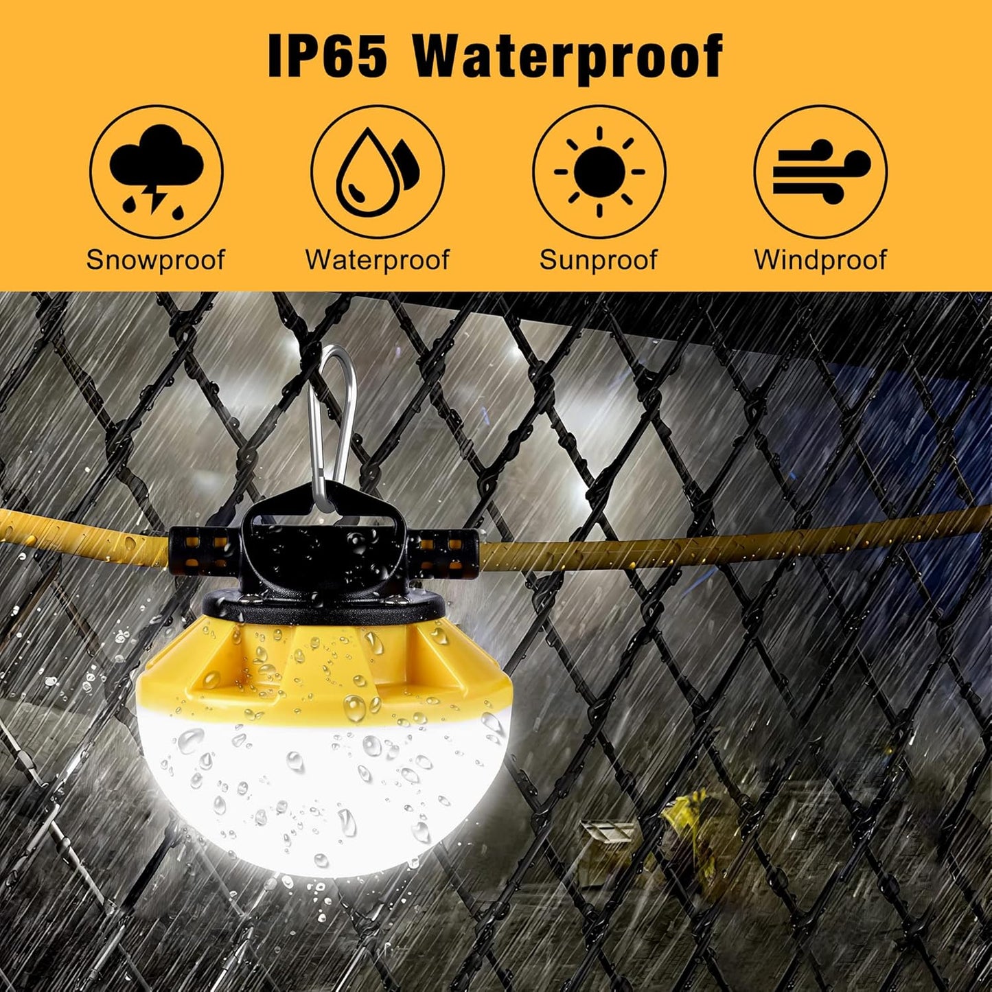 3-Prong 100FT Construction String Lights, IP65 Waterproof ETL Certified String Work Lights, 5000K Daylight 18AWG Wire Linkable Temporary Construction Lighting for Jobsite with 10 Bulbs & Hooks