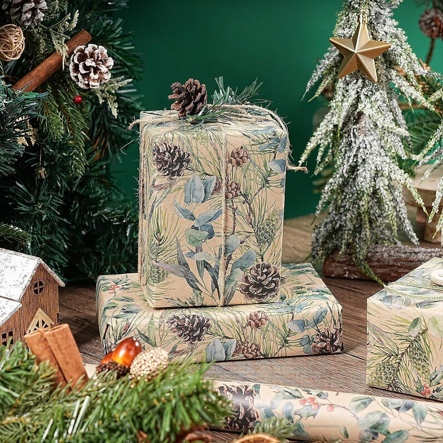 RUSPEPA Kraft Christmas Wrapping Paper Roll, Mini Roll, Watercolor Pinecone and Eucalyptus Leaf Design, Kraft Gift Wrap for Christmas, Winter Holiday Party, Rustic Natural Theme, 17 Inches x 16.4 Feet