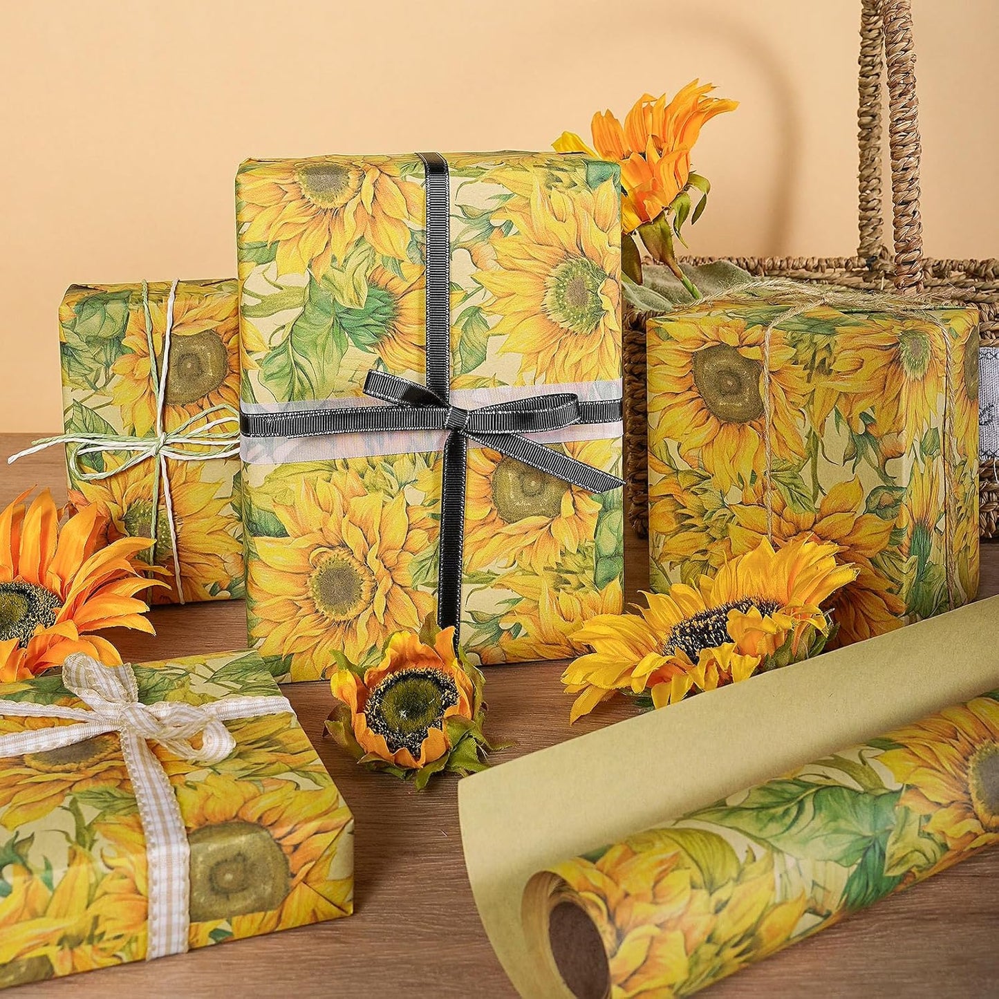 RUSPEPA Sunflower Wrapping Paper Roll for Women Girls, Mini Roll, Watercolor Sunflower Design, Fall Floral Kraft Gift Wrp Paper for Birthday, Thanksgiving, Autumn Gifts, 17 Inches x 16.4 Feet