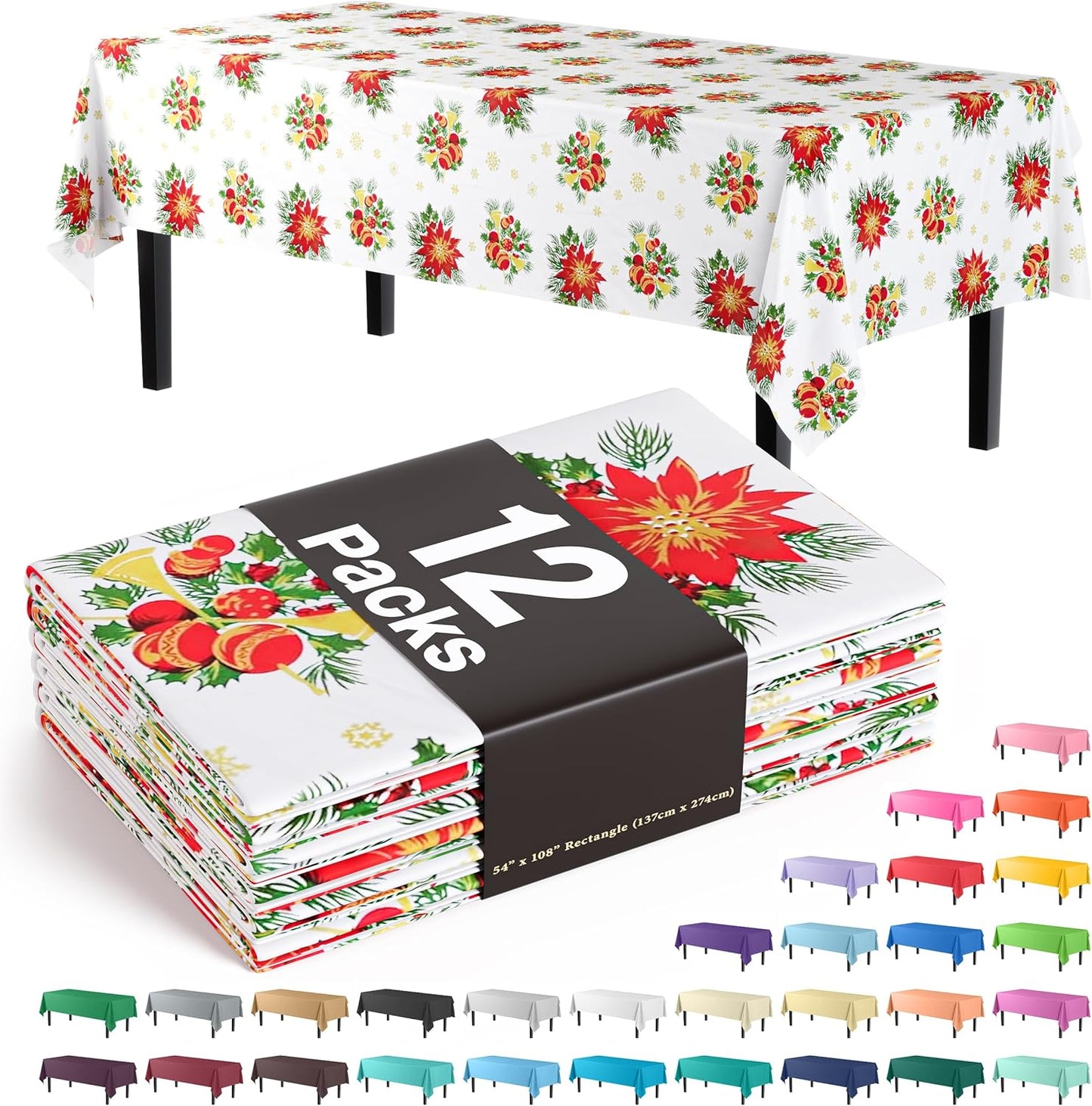 Party Solids Pack Of 12, Premium Rectangle Holiday Design Plastic Tablecloth - Christmas Decorations Tablecloth Disposable Plastic Table Cover for December - 54 inch. x 108 inch