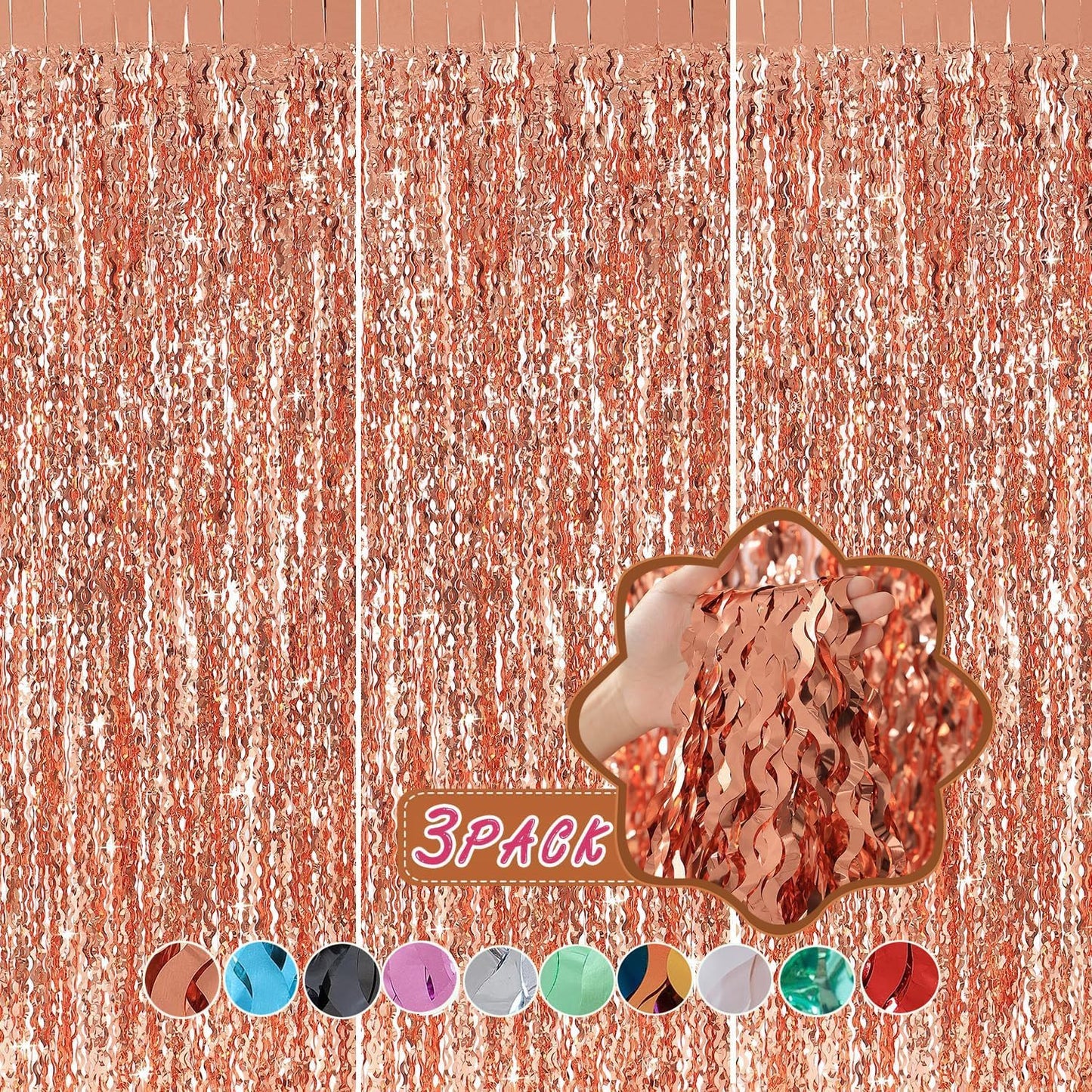 Wavy Fringe Curtain - Rose Gold, 3.3 ft x 6.6 Feet, Pack of 3 | Party Decorations, Streamers for Birthday Backdrop