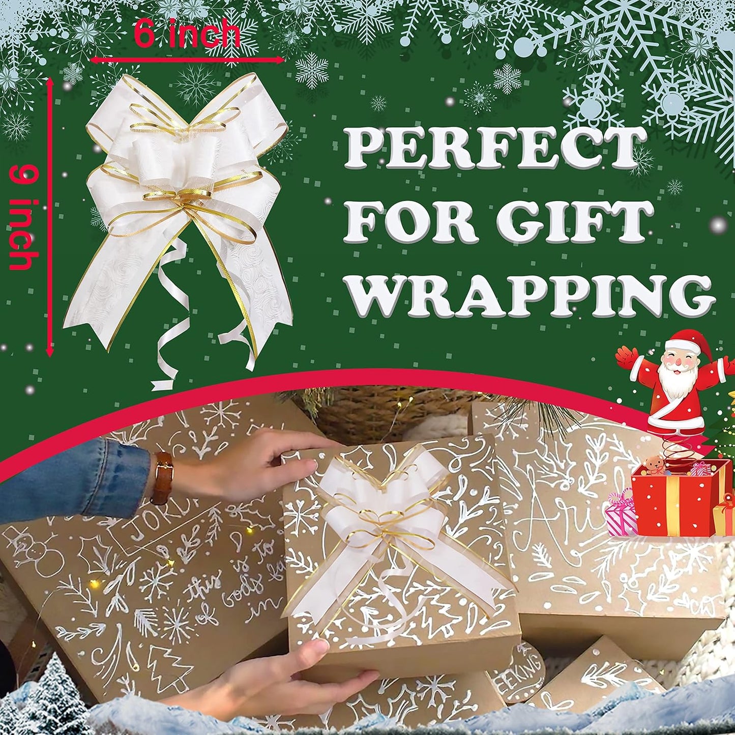 Pull Bows for Gift Wrapping, 15 PCS Large Gift Bow Bulk for Presents Package, Gift Baskets, Christmas, Wedding, and Party Decor (White with Tulle & Gold line, 6 inches)