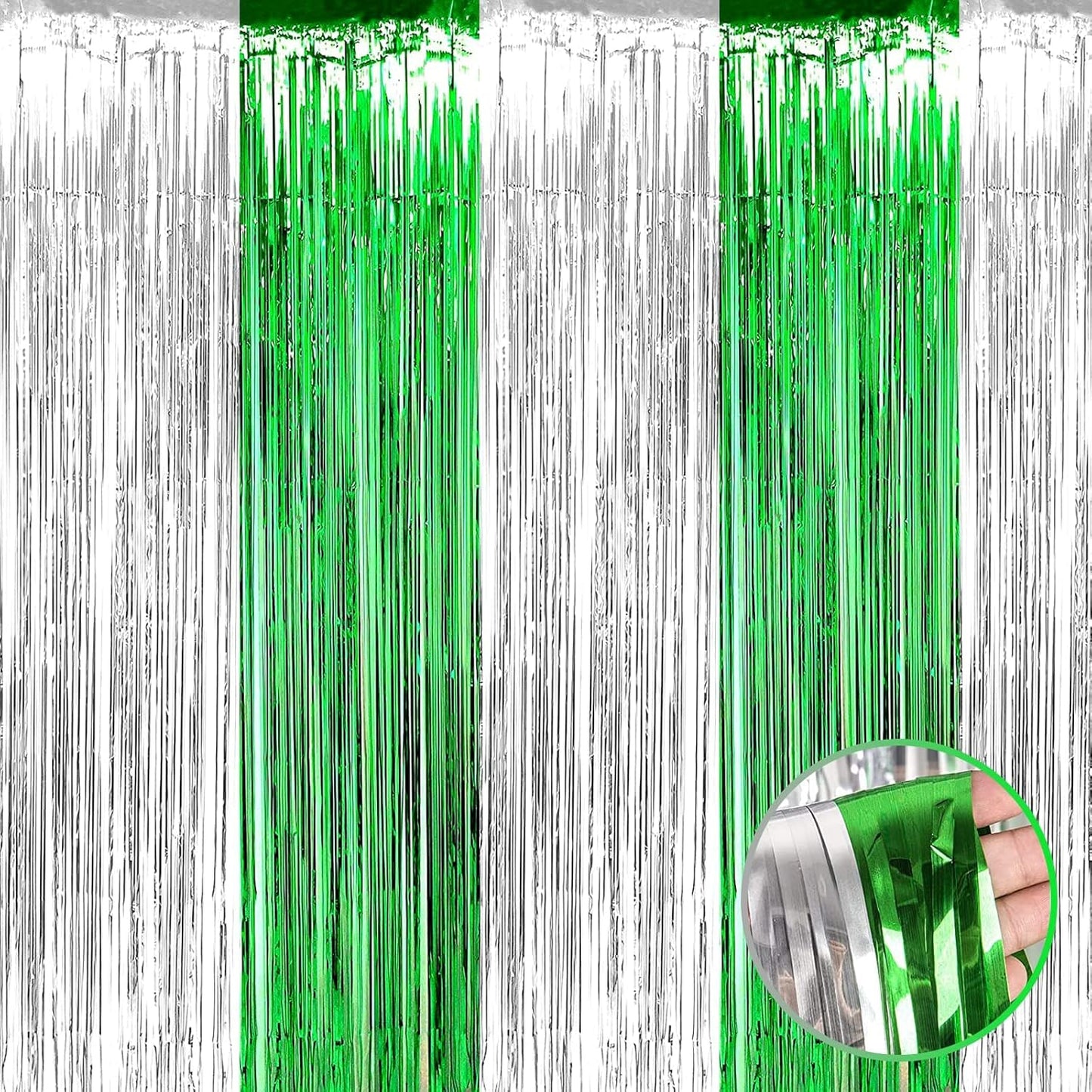 4 Pack Foil Fringe Curtain Backdrop, 3.28Ft x 8.2Ft Metallic Tinsel Foil Fringe Streamers Curtain for Photo Booth, Wedding, Mardi Gras Birthday Carnival St Patrick Day Party Decoration (Silver Green)