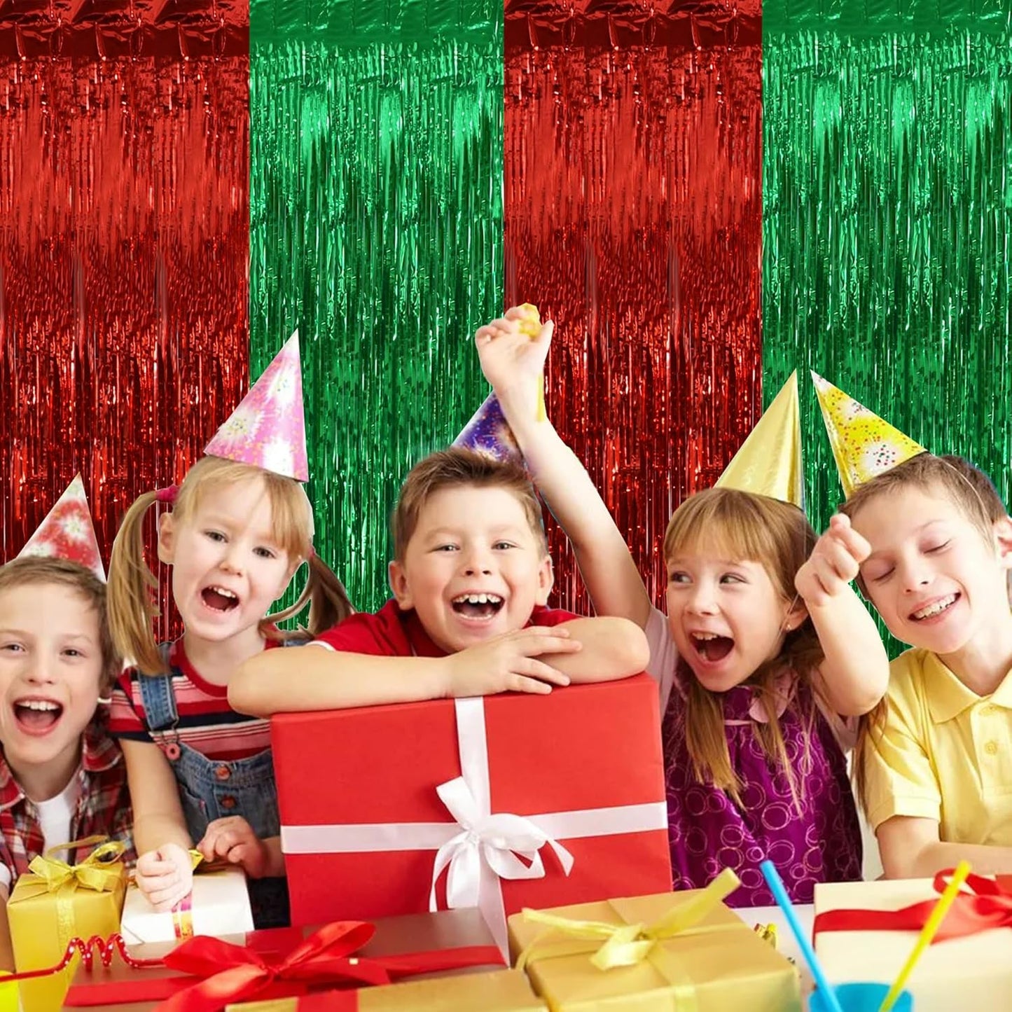 BEISHIDA 2Pcs Red Green Door Streamer Merry Christmas Backdrop Foil Fringe Tinsel Curtains Backdrop for Christmas Day Party Decoration (3.28 ft x 6.56 ft)