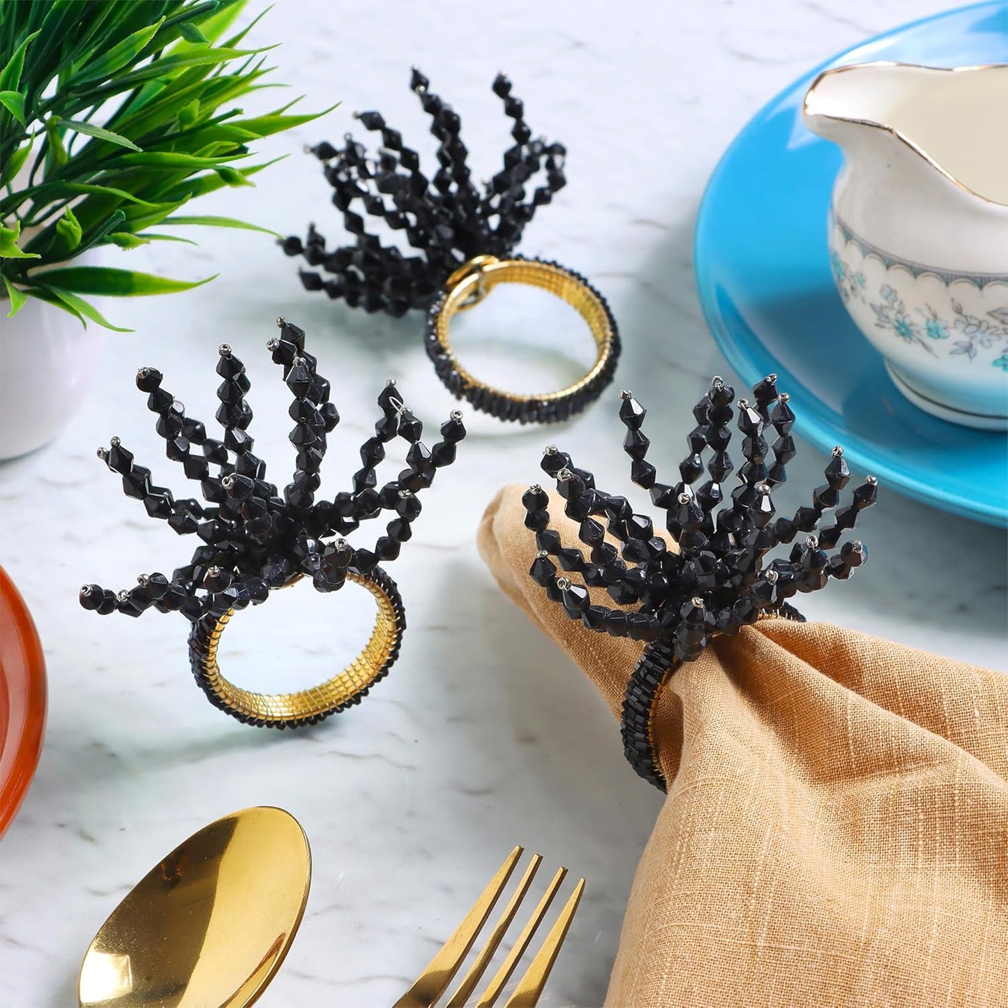 12-Pcs Decorative Napkin Rings - Beaded Serviette Ring Napkin Holders for Summer Beach Wedding Ocean Coastal Nautical Holiday Party Home Table Décor (Black) - CLEENTABLE