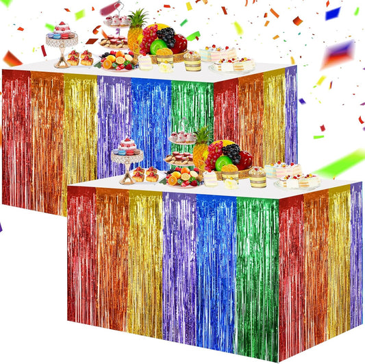 BEISHIDA 2 Pack Rainbow Metallic Tinsel Foil Fringe Table Skirts for Rectangle and Round Tables - Kids' Birthday, Baby Shower, Holiday Party Decor