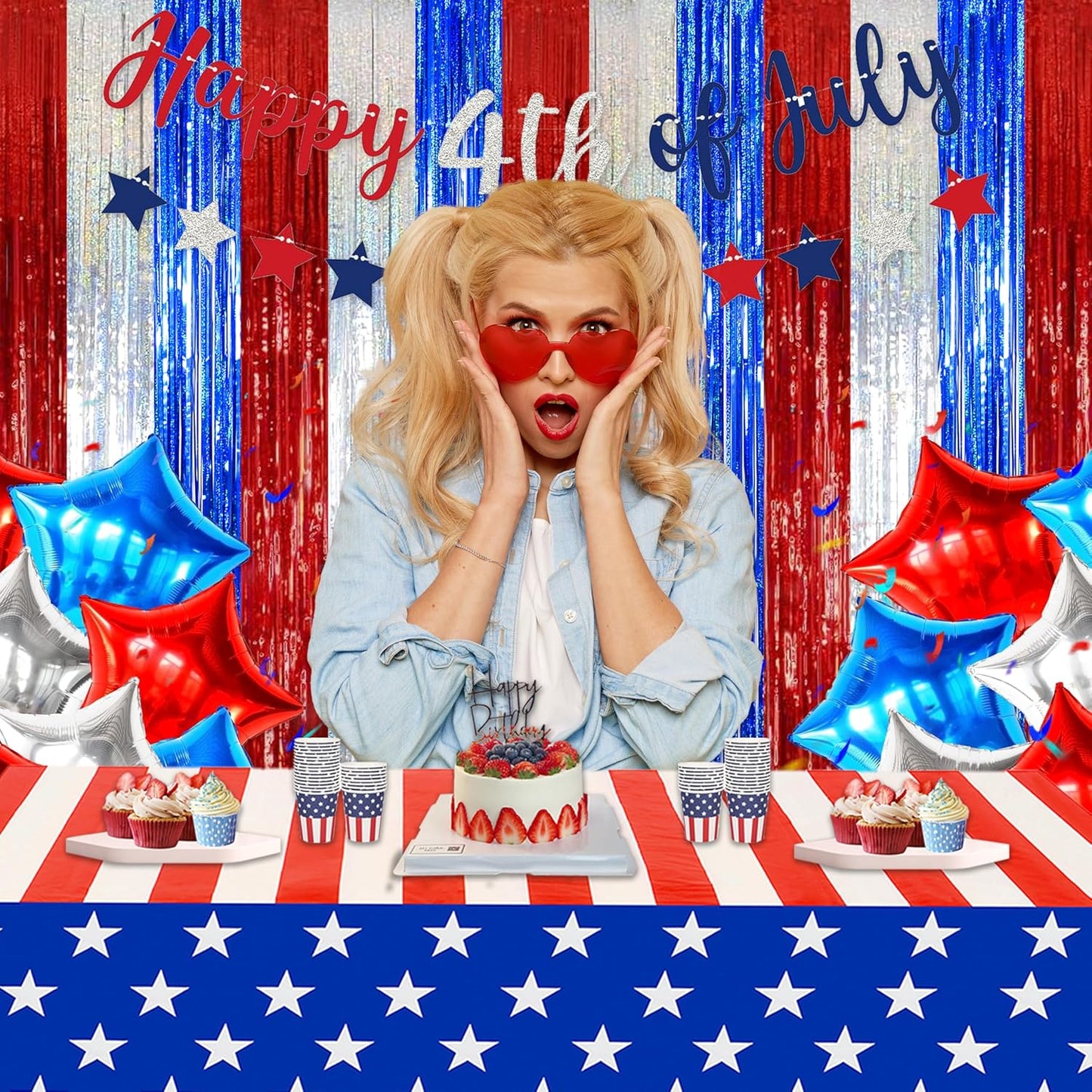 Foil Fringe Curtains Party Decorations - Melsan 3 Pack 3.2 x 8.2 ft Tinsel Curtain Party Photo Backdrop for Independence Day Decorations Birthday Party Baby Shower or Graduation Navy