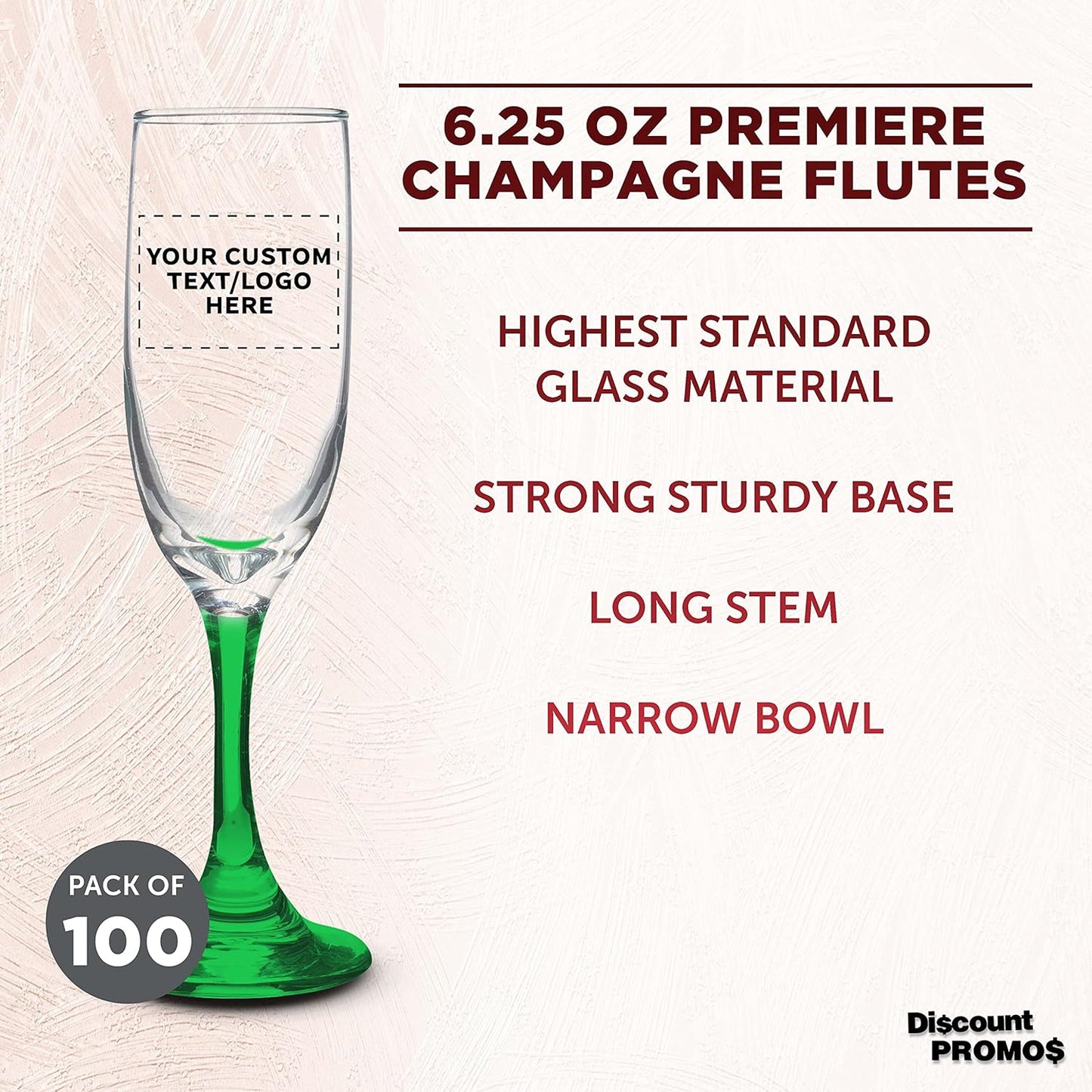 DISCOUNT PROMOS Custom Premiere Champagne Flutes 6.25 oz. Set of 100, Personalized Bulk Pack - Elegant Drinkware for Weddings, Events, & Promotional Gifts - Green
