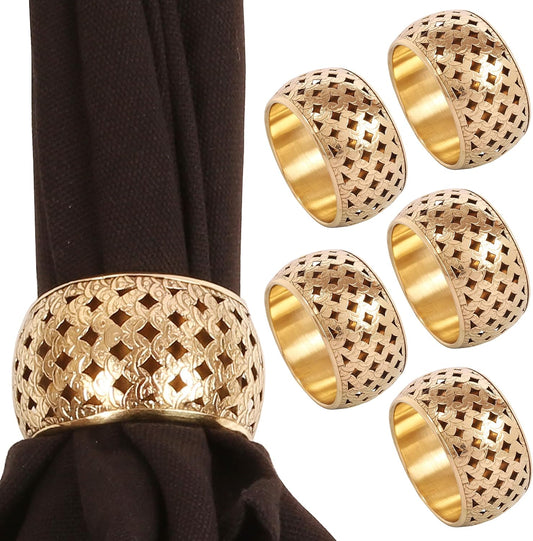Brass Base Handcrafted Beautiful Hand Cut Mesh Work Large Size Party Dining Table Napkin Holders in Gold Tone. (Set of 6).