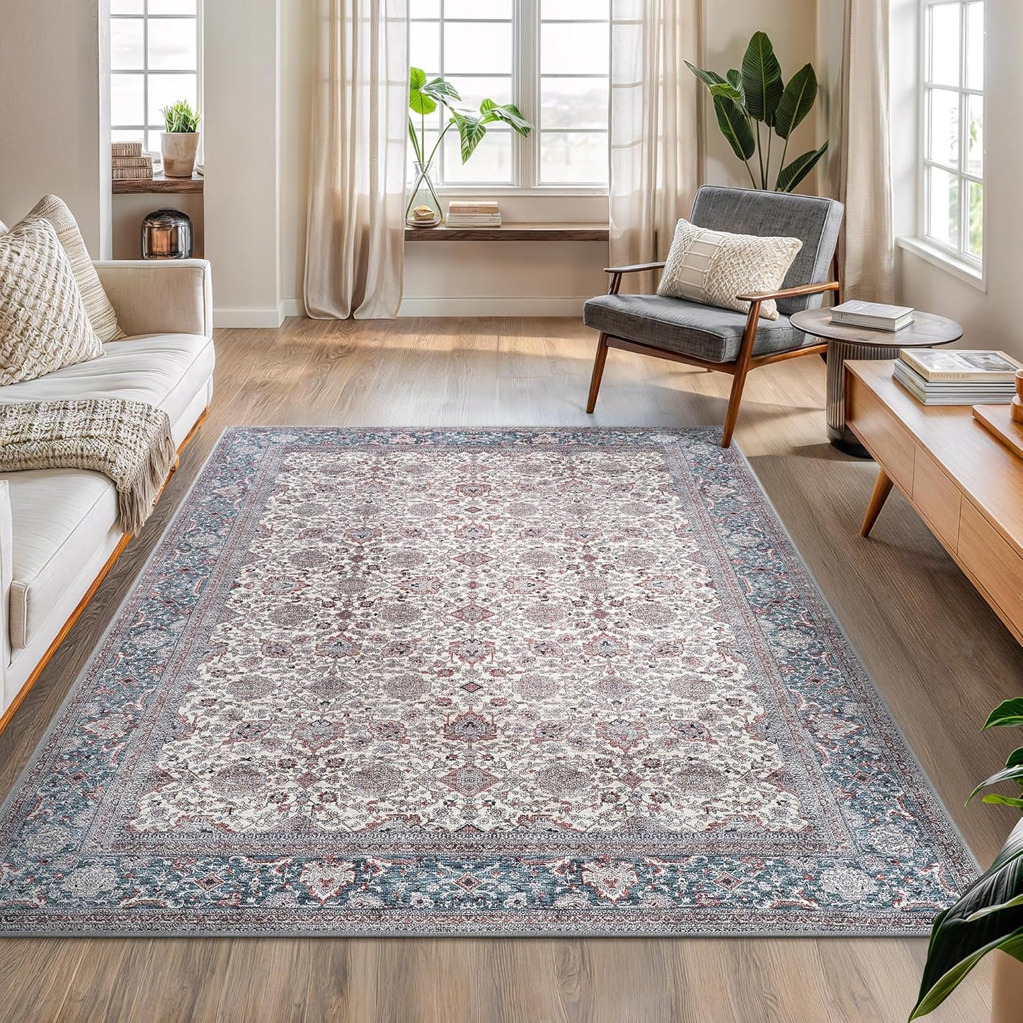 Bloom Rugs Washable Non-Slip 5' x 7' Rug - Teal/Blue/Beige Traditional Oriental Area Rug for Living Room, Bedroom, Dining Room, and Kitchen - Exact Size: 5' x 7'