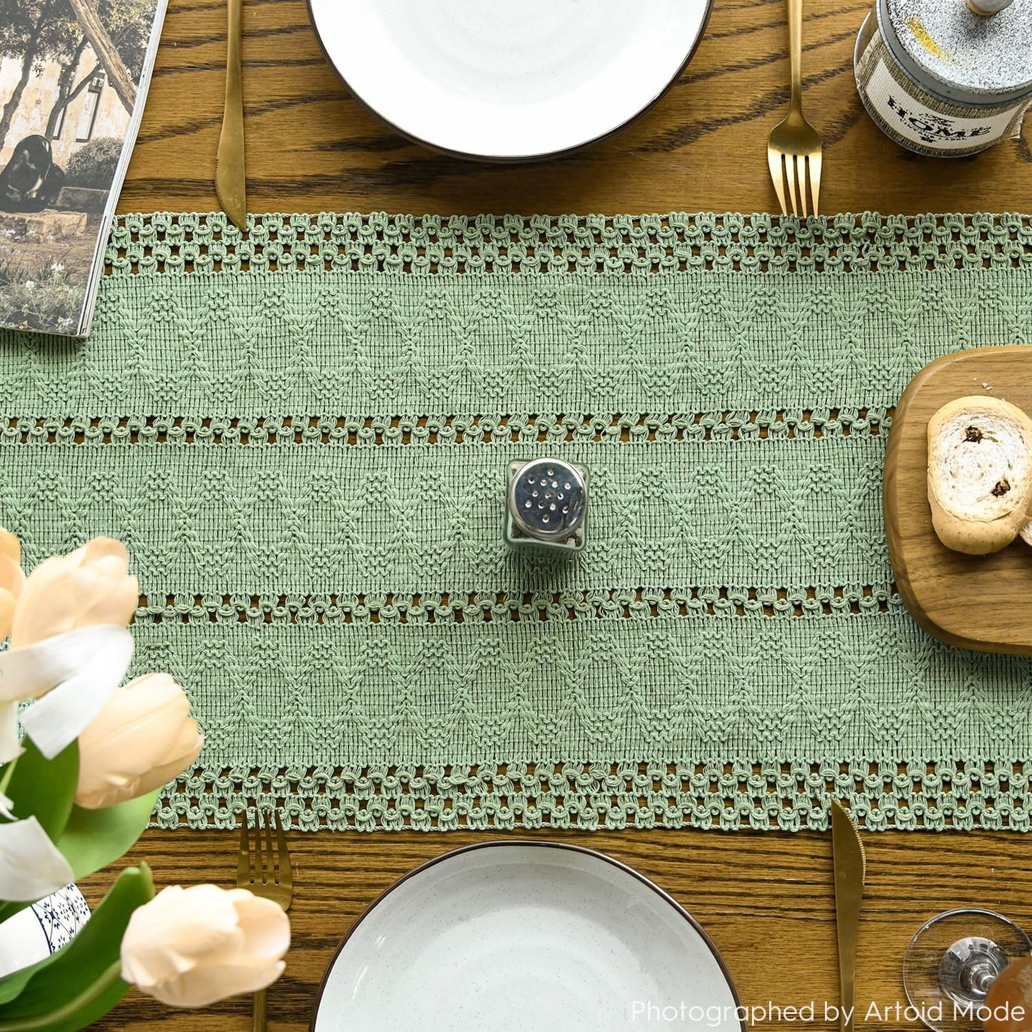 Artoid Mode Light Green Farmhouse Woven Rustic Hollow Table Runner, Seasonal Holiday Kitchen Dining Table Decoration for Home Party Decor 12x36 Inch