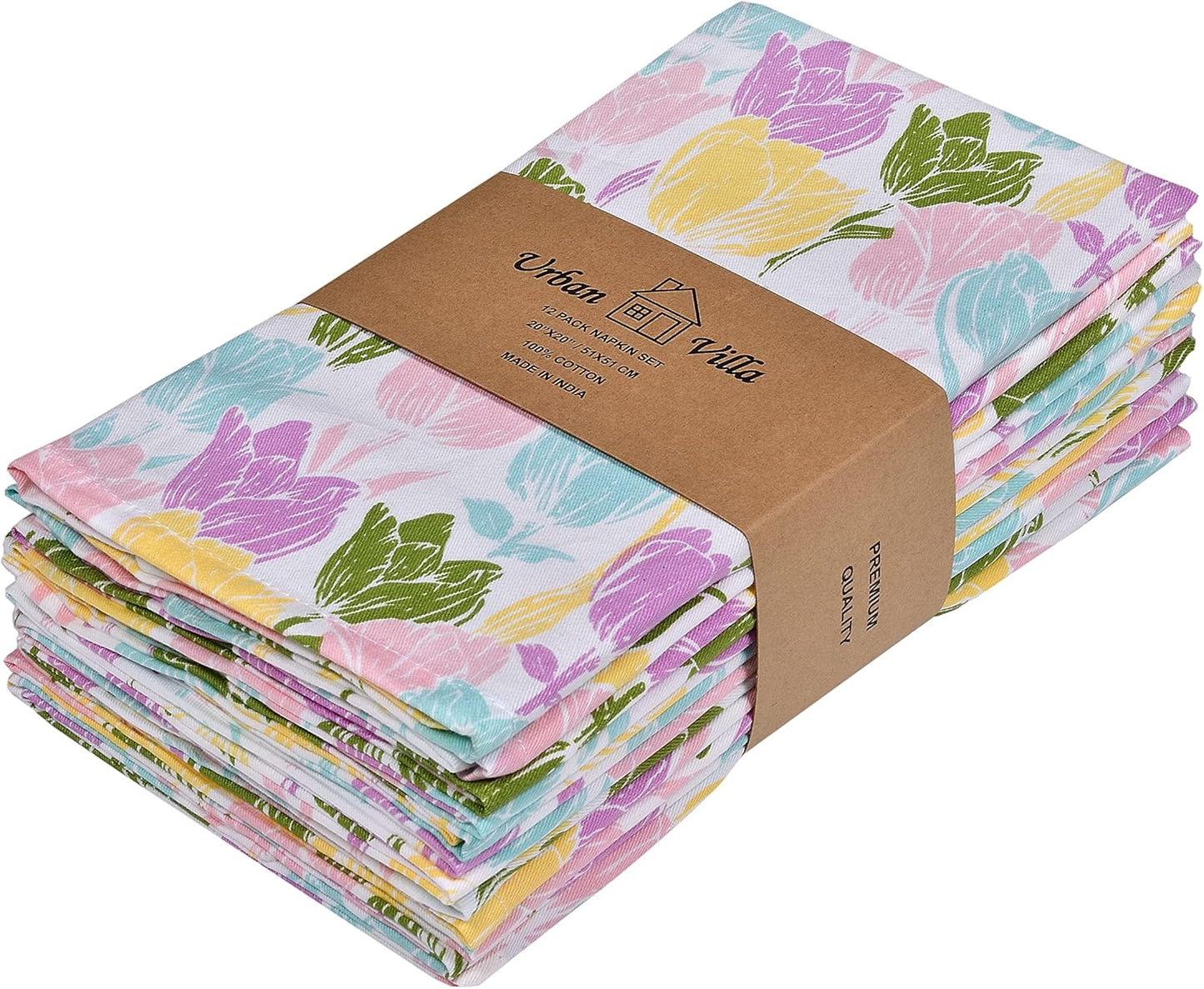 Urban Villa Easter Cloth Napkins Tulip Print 100% Cotton Absorbent Dinner Napkins (Set of 12) Oversized 20x20 Inches Soft Durable Reusable Washable Napkins Ideal for Everyday Use Parties Wedding