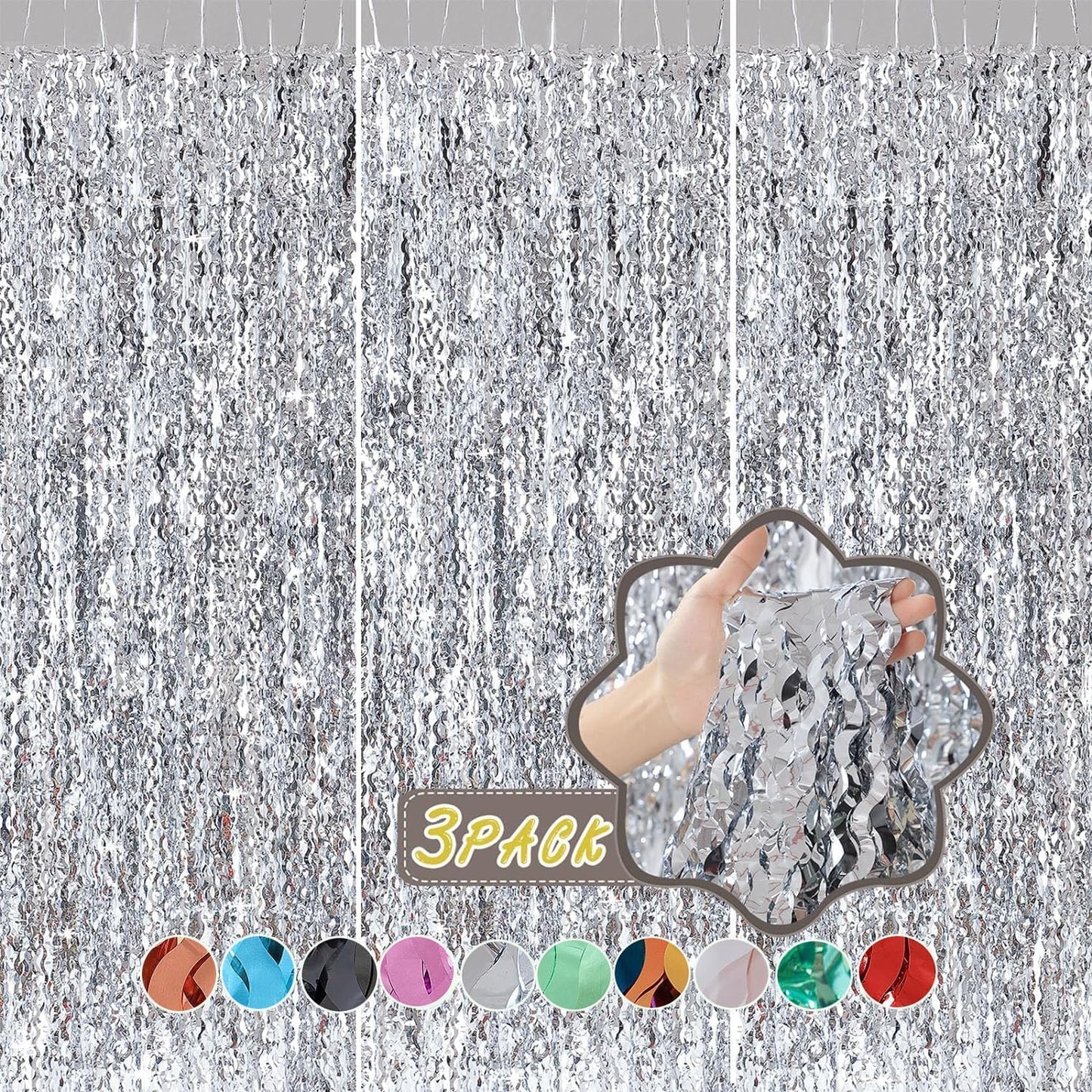 3 Pack Wave Silver Tinsel Curtain - 3.3x6.6 Feet Foil Streamers Birthday Party Decorations Wedding Background Decor Photo Booth Props