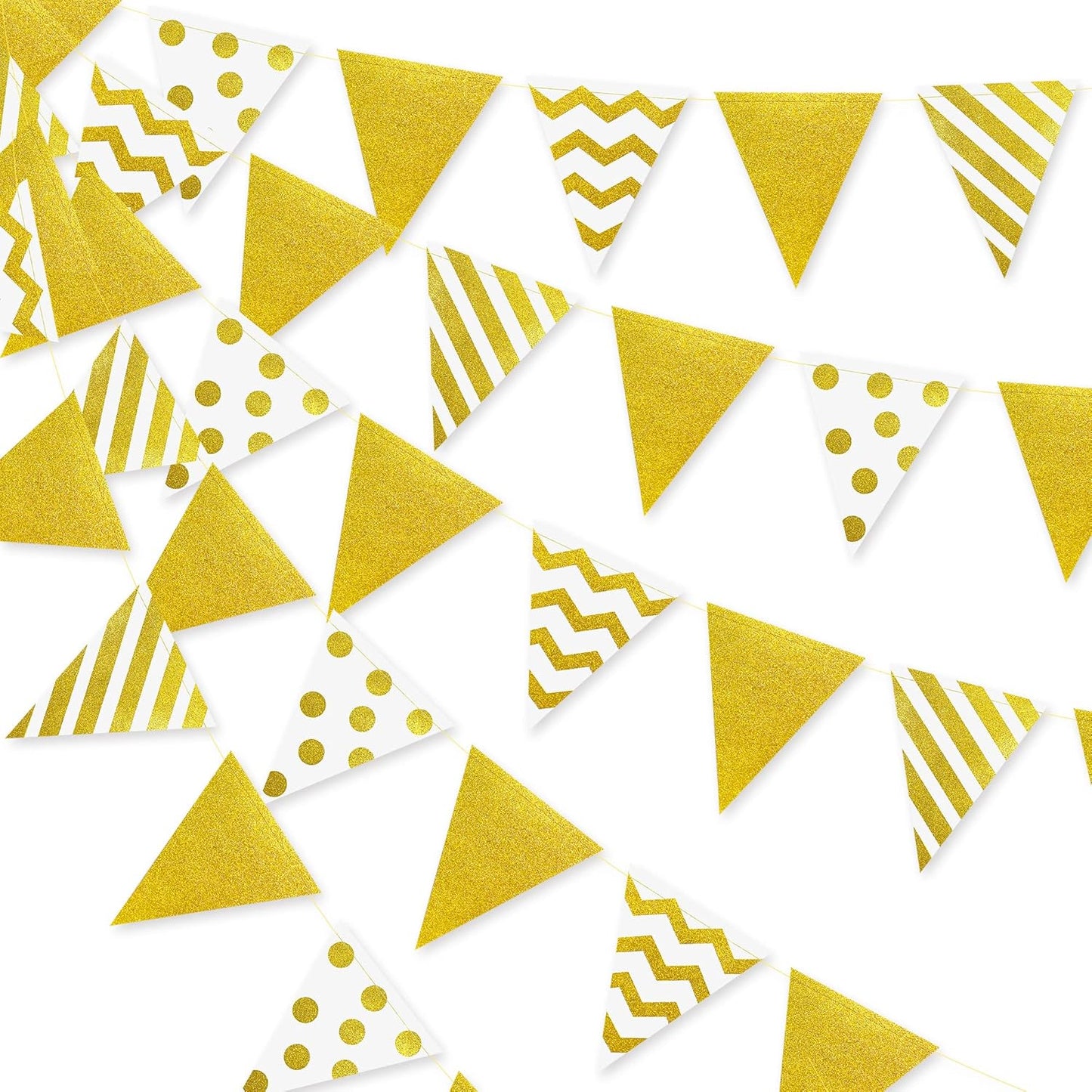39Ft White and Gold Party Decorations Polka Dot Stripe Triangle Pennant Banner Glitter Foil Paper Flag Bunting Garland for Birthday Graduation Anniversary Wedding Bridal Baby Shower Hen Party Supplies