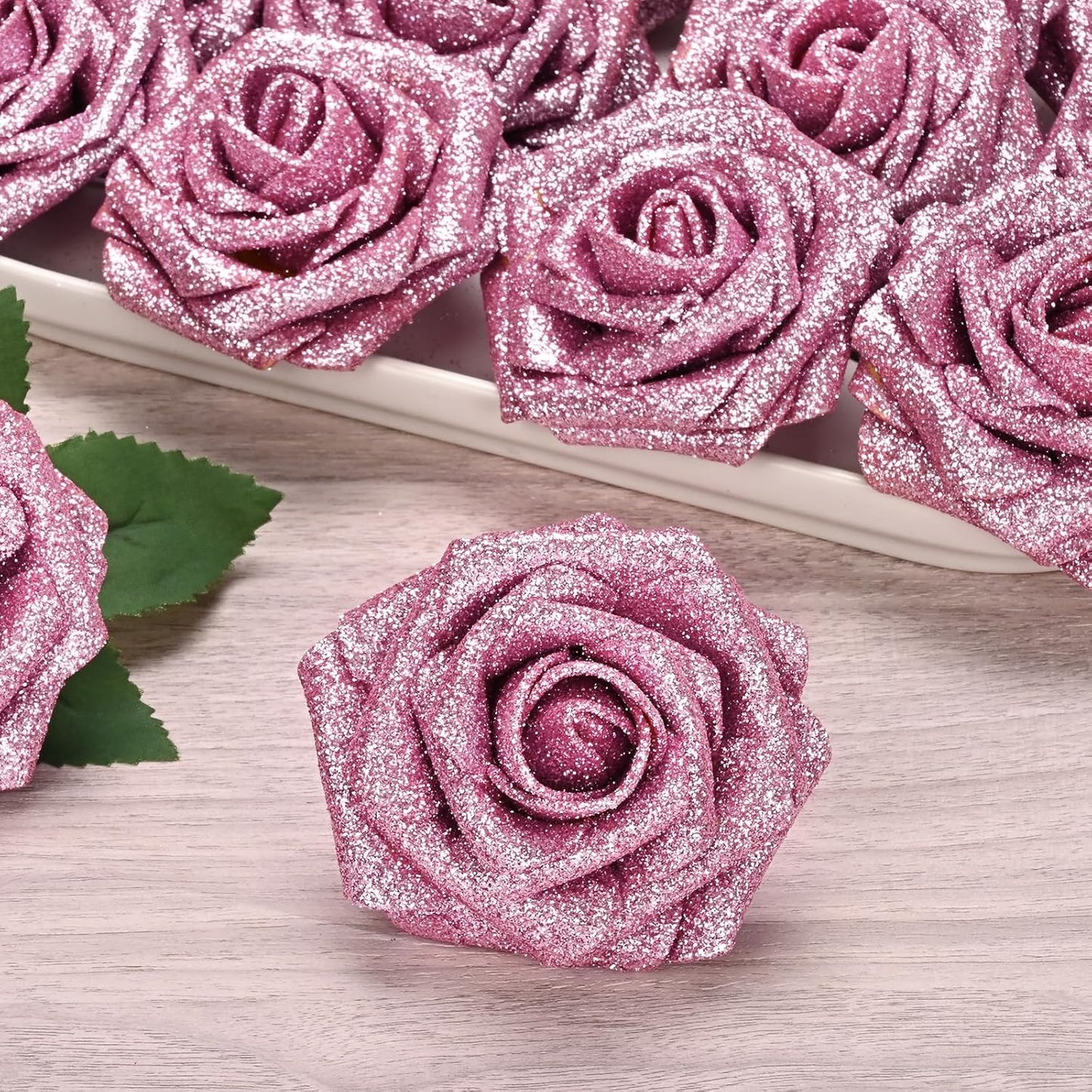 BLEUM CADE 16Pcs Artificial Flowers Fake Roses with Stems, Pink Glitter Boxed Foam Roses for DIY Bouquets Centerpieces Wedding Party Arrangement Bridal Shower Decor