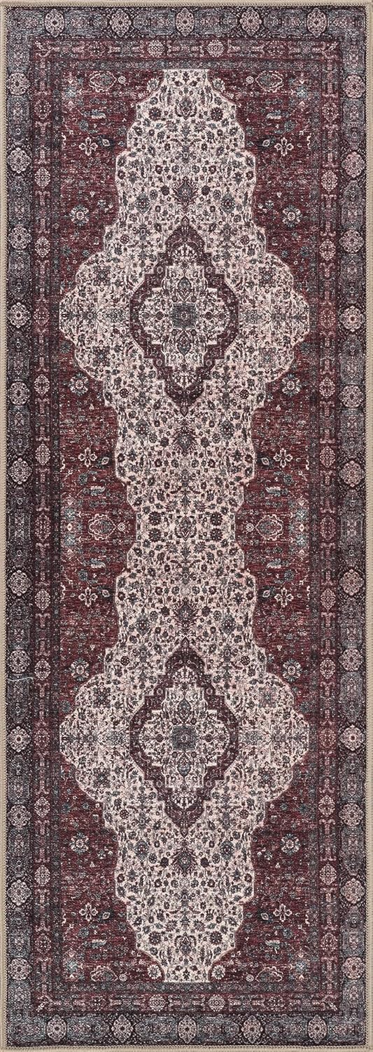 Bloom Rugs Washable Non-Slip 10 ft Runner - Red/Green/Cream Traditional Medallion Runner for Entryway, Hallway, Bathroom, and Kitchen - Exact Size: 2.5' x 10'