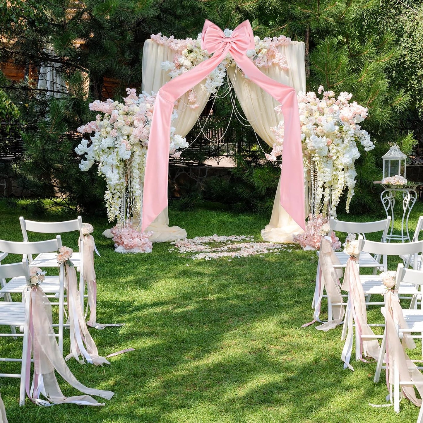 Big Bow with 24 Pcs Chair Ribbon Wedding Aisle Decorations, 78x18 inch Giant Bow for Backdrop Detachable Bow for Dress, Pew Bows Sashes for Chair Wedding Ceremony Outdoor Party (Pink)