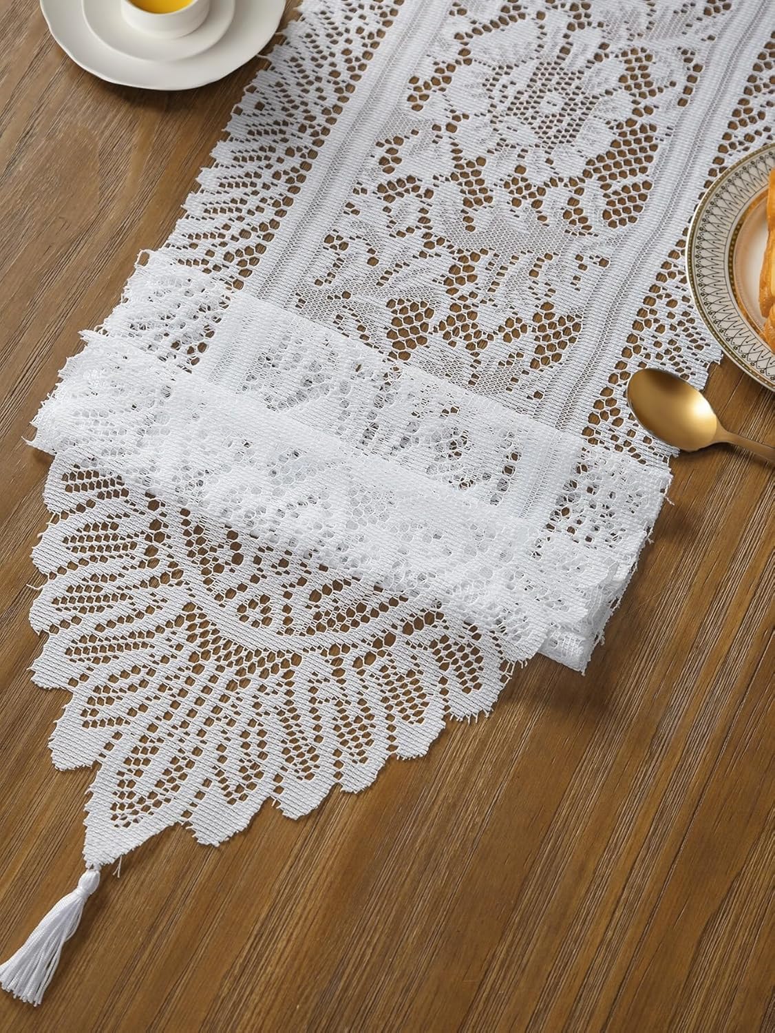Jayla White Lace Table Runners, Elegant Vintage Lace Table Runner, Wedding Lace Decor with Floral Embroidery,Tea Party Decor, 13x45 Inch