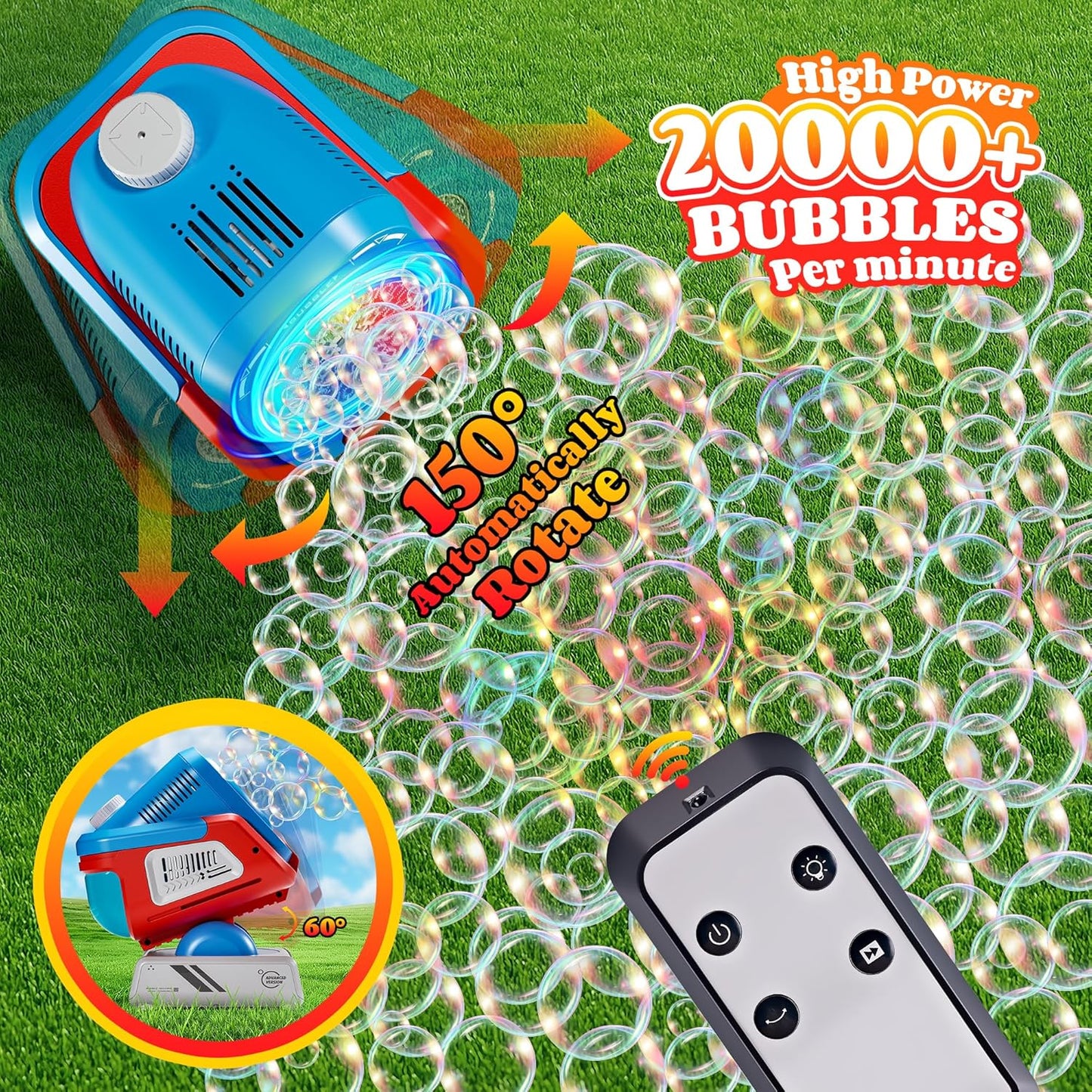 2025 Upgraded Bubble Machine with Remote Control, Automatic Rotation & RGB Lights, 1800mAh Rechargeable Battery, Type-C Charge, Bubble Maker for Kids, Weddings, Birthday Parties, Outdoor Activities