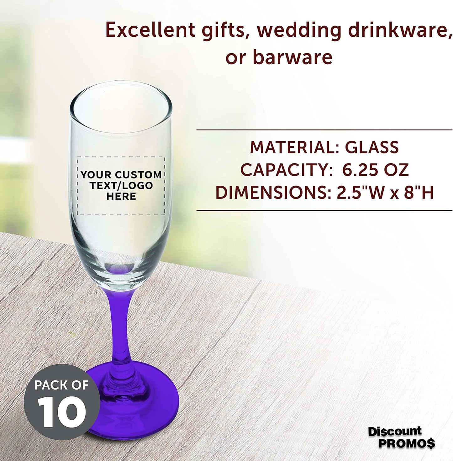 DISCOUNT PROMOS Custom Premiere Champagne Flutes 6.25 oz. Set of 10, Personalized Bulk Pack - Elegant Drinkware for Weddings, Events, & Promotional Gifts - Purple