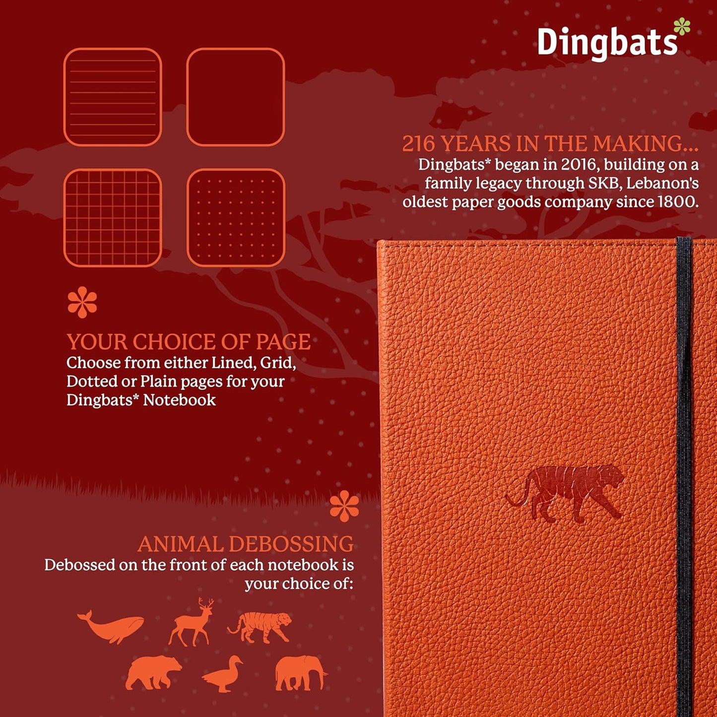 Dingbats* Wildlife Dotted Writing Journal Notebook A5 - Vegan Leather Hardcover - Ideal for Work, Travel - Pocket, Elastic Closure, & Bookmark