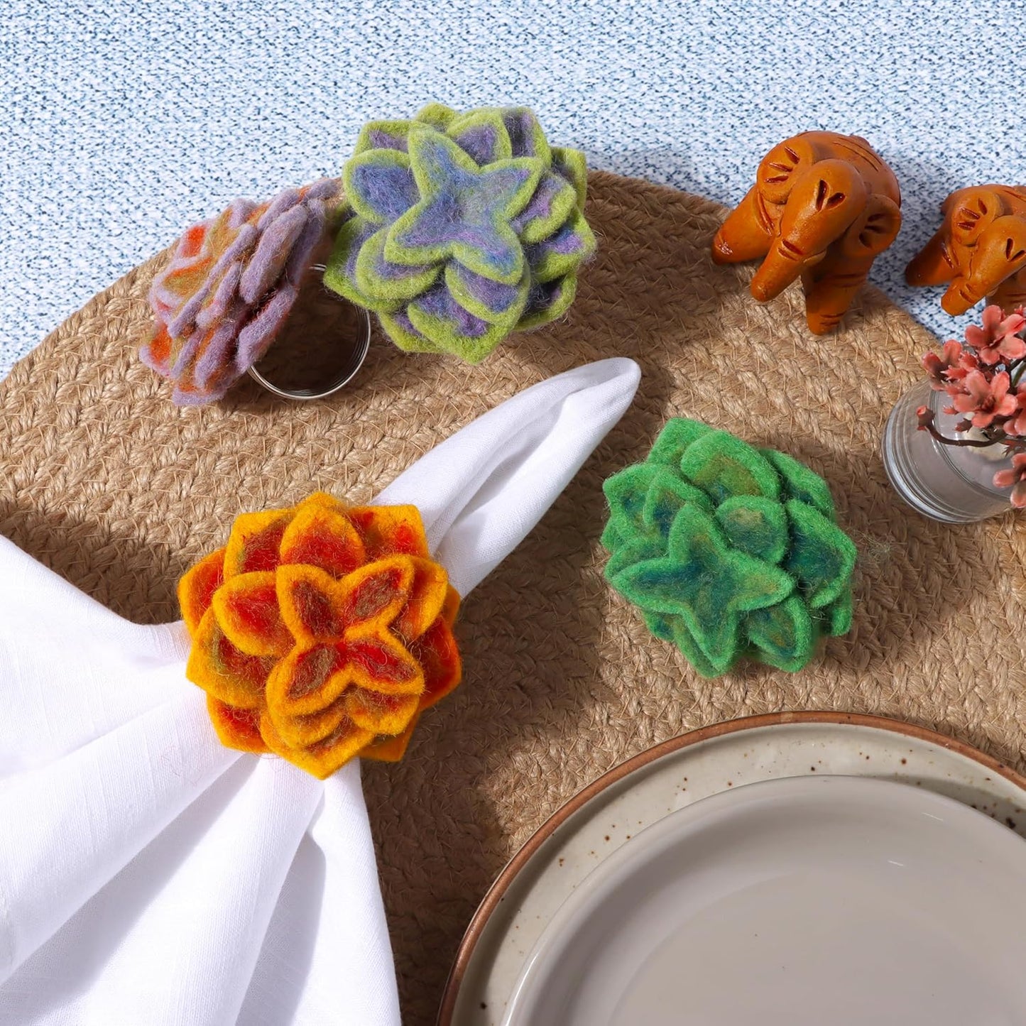 Wool Felt Napkin Ring Set of 8 - Elegant Flower Spring & Farmhouse Table Décor with Silver Electroplated Metal Alloy Base - Perfect for Banquet Table Decor & Daily Use (Multi) - CLEENTABLE