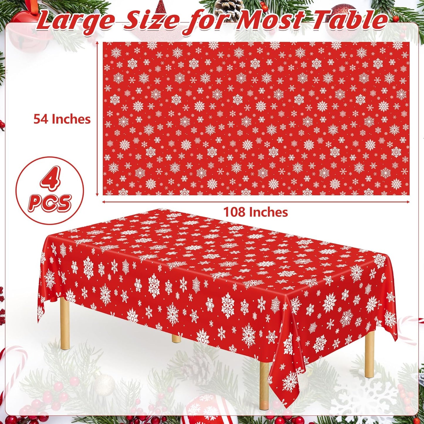 4 PACK Christmas Tablecloths, 54" x 108" Holiday Party Decor, Snowflakes Tablecloth Xmas Plastic Tablecloth Disposable Table Cloth Rectangle Tablecover, Christmas Decorations Holiday Party Supplies