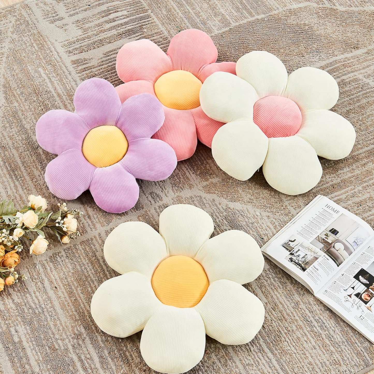 White Yellow Flower Pillow, 14.9" Cute Flower Shaped Floor Pillow, Aesthetic Floral Plush Daisy Decorative Throw Pillows for Bed Sofa Couch